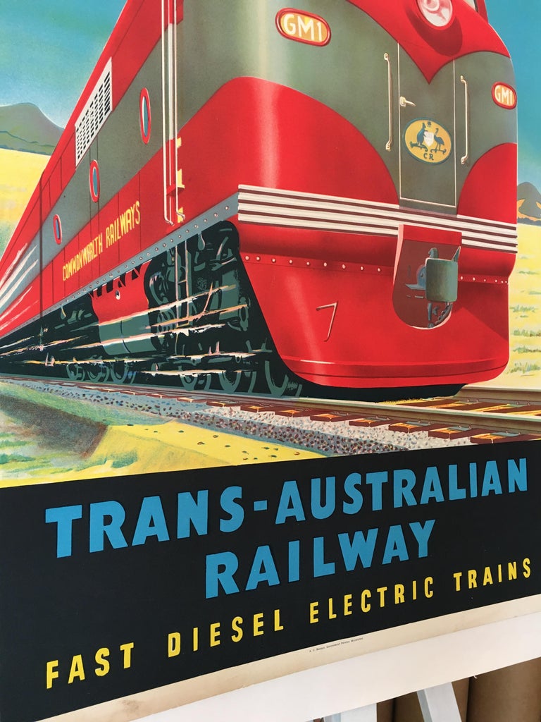 Original Vintage Poster, 'To The East Trans-Australian Railway' 'c. 1951' In Excellent Condition For Sale In Melbourne, Victoria