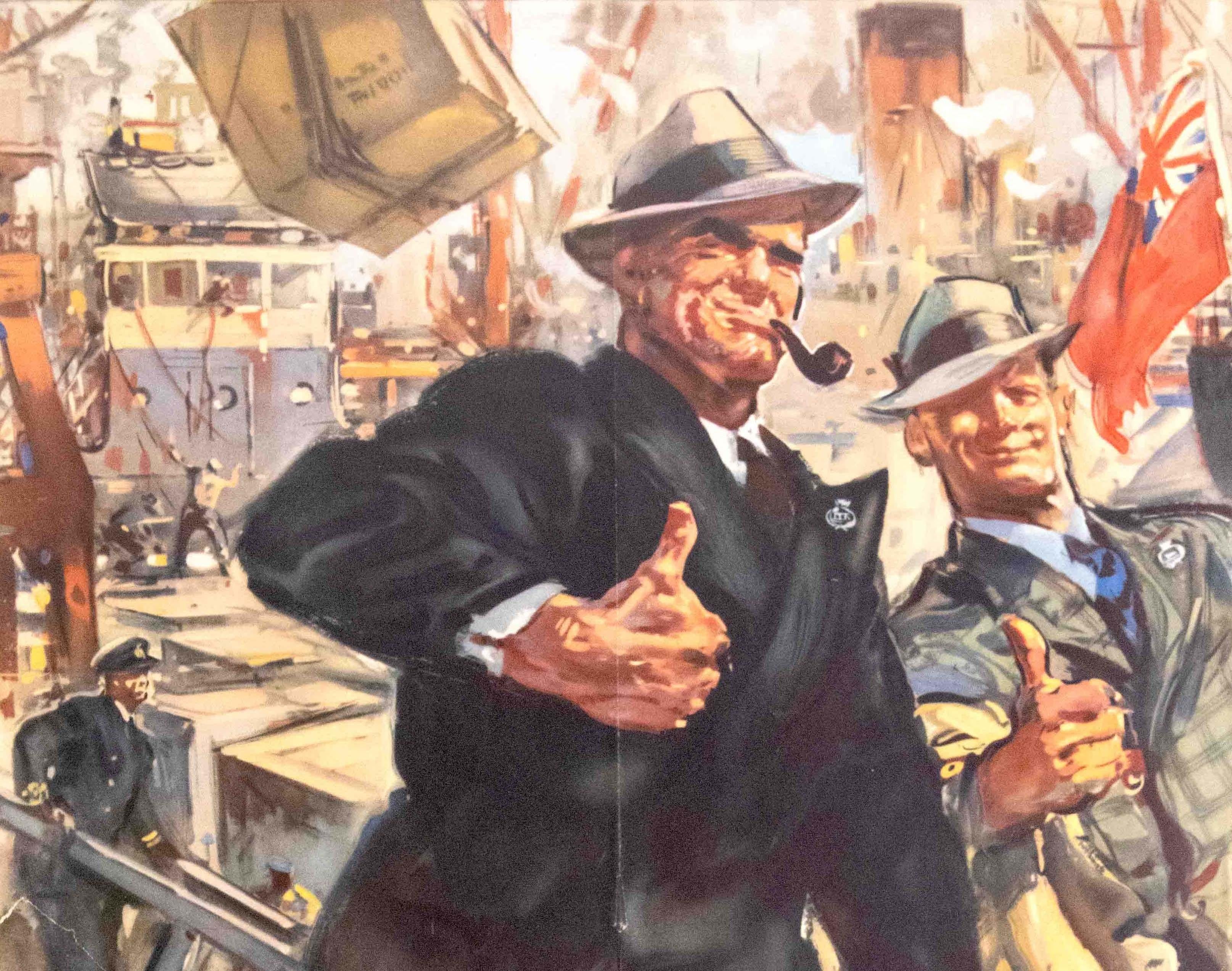 Original vintage World War Two poster - To the Merchant Navy Thank You! - featuring two men wearing suits and hats and holding briefcases, one smoking a pipe, showing their thumbs up to the viewer with a busy dockyard and smoke in the background