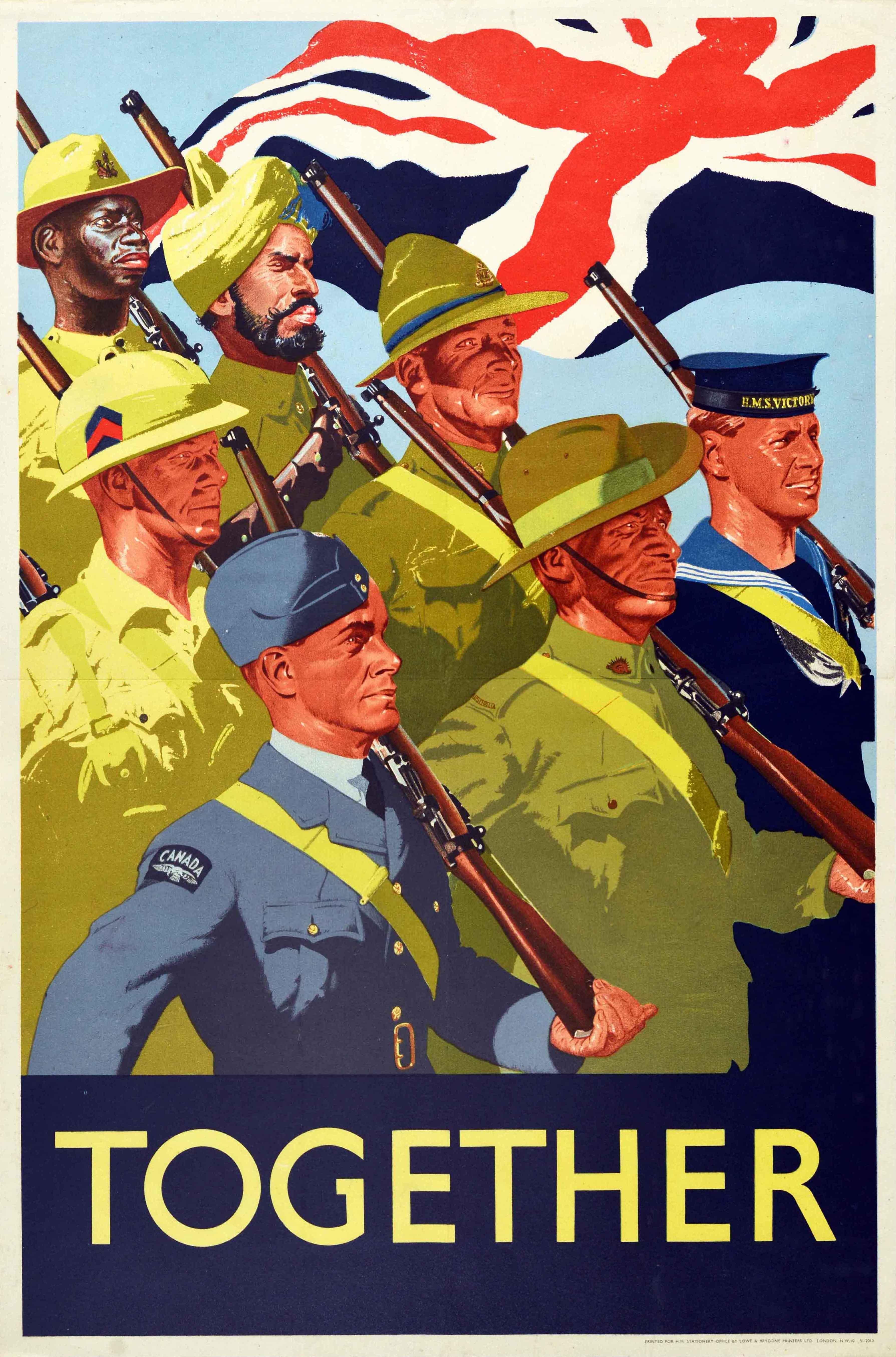 Original vintage World War Two propaganda poster - Together - featuring a dynamic military illustration depicting a group of British Empire Commonwealth soldiers in uniform marching together with rifle guns over their shoulders under a Union Jack