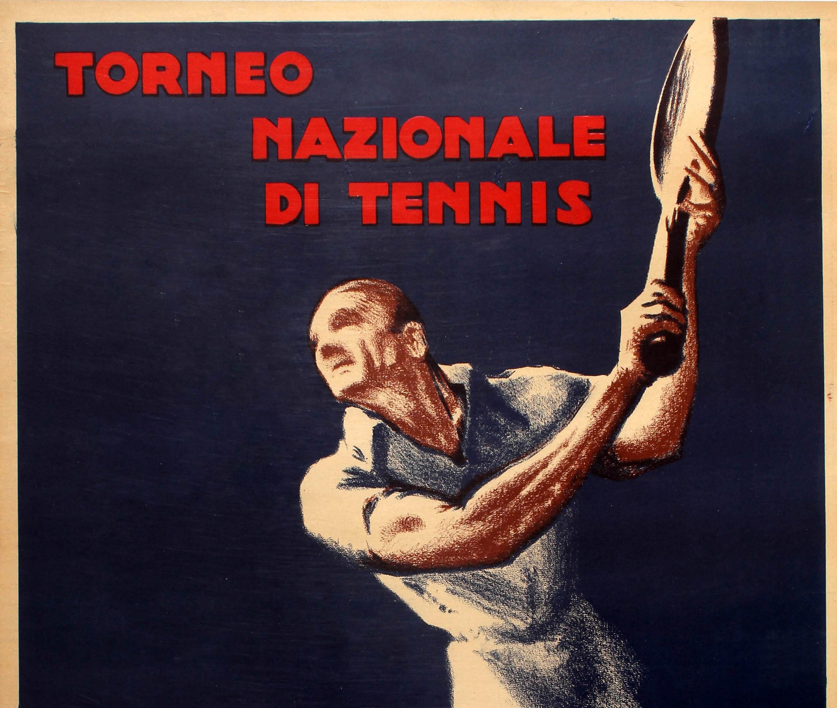 Art déco Affiche rétro originale du tournoi de tennis Torneo Nazionale Di Tennis, Italie, événement sportif en vente