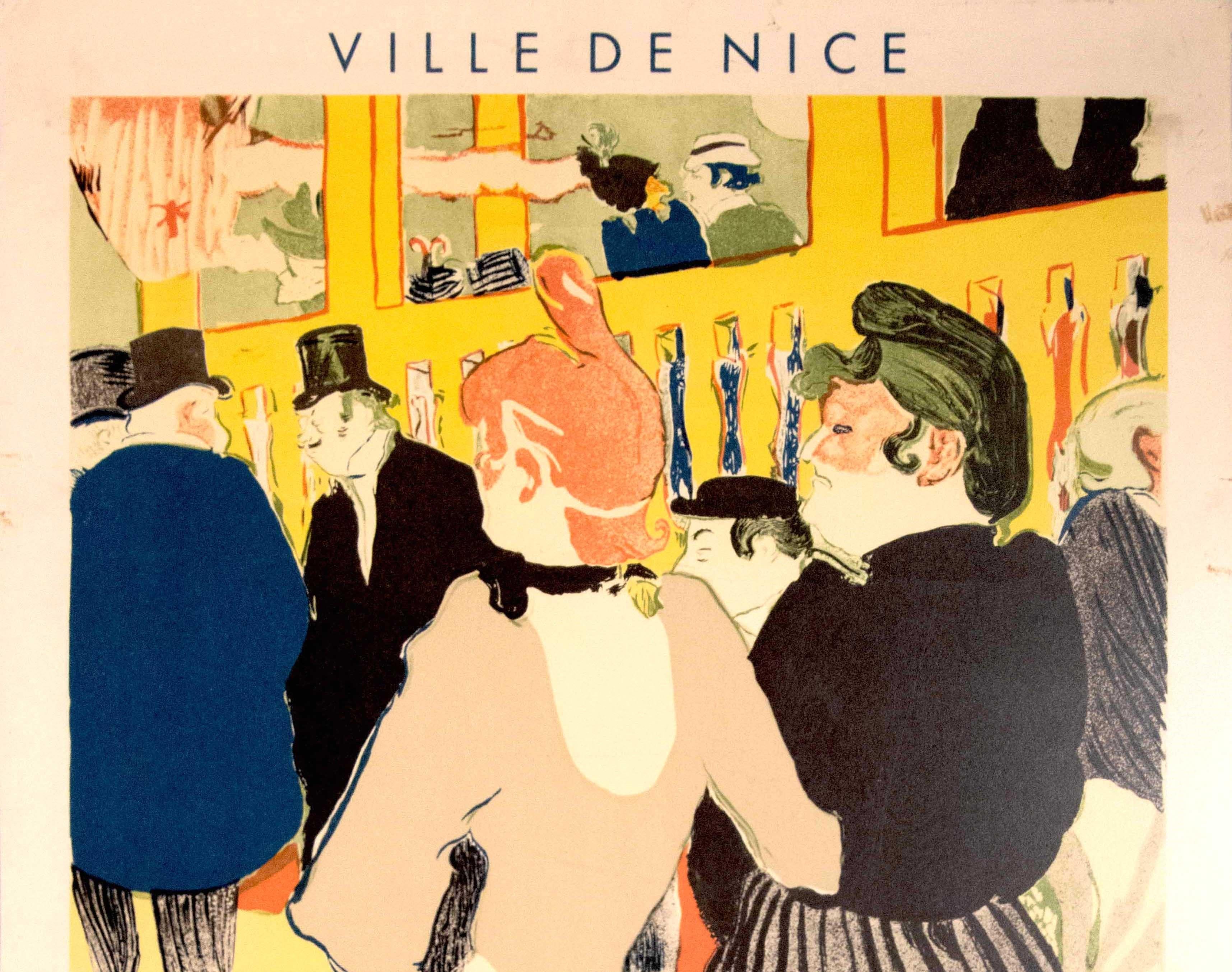 Original vintage advertising poster for an art exhibition of graphic artwork by the notable artist Henri de Toulouse-Lautrec (1865-1901) at Galerie Des Ponchettes Ville de Nice from 30 January to 15 March 1954, featuring a painting by Toulouse