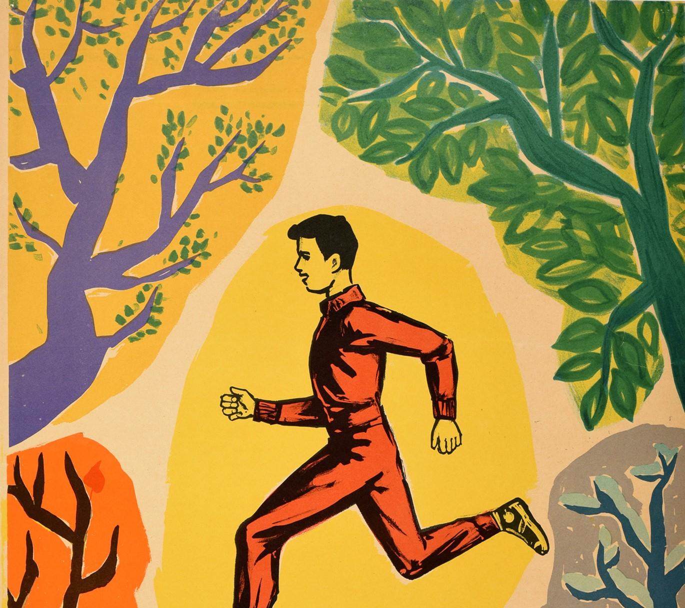 Original vintage sport and health propaganda poster - Train All Year Round / Trenuj Caly Rok - featuring a man keeping fit by running in the woods surrounded by the trees in the different seasons with a few green leaves for Spring and completely