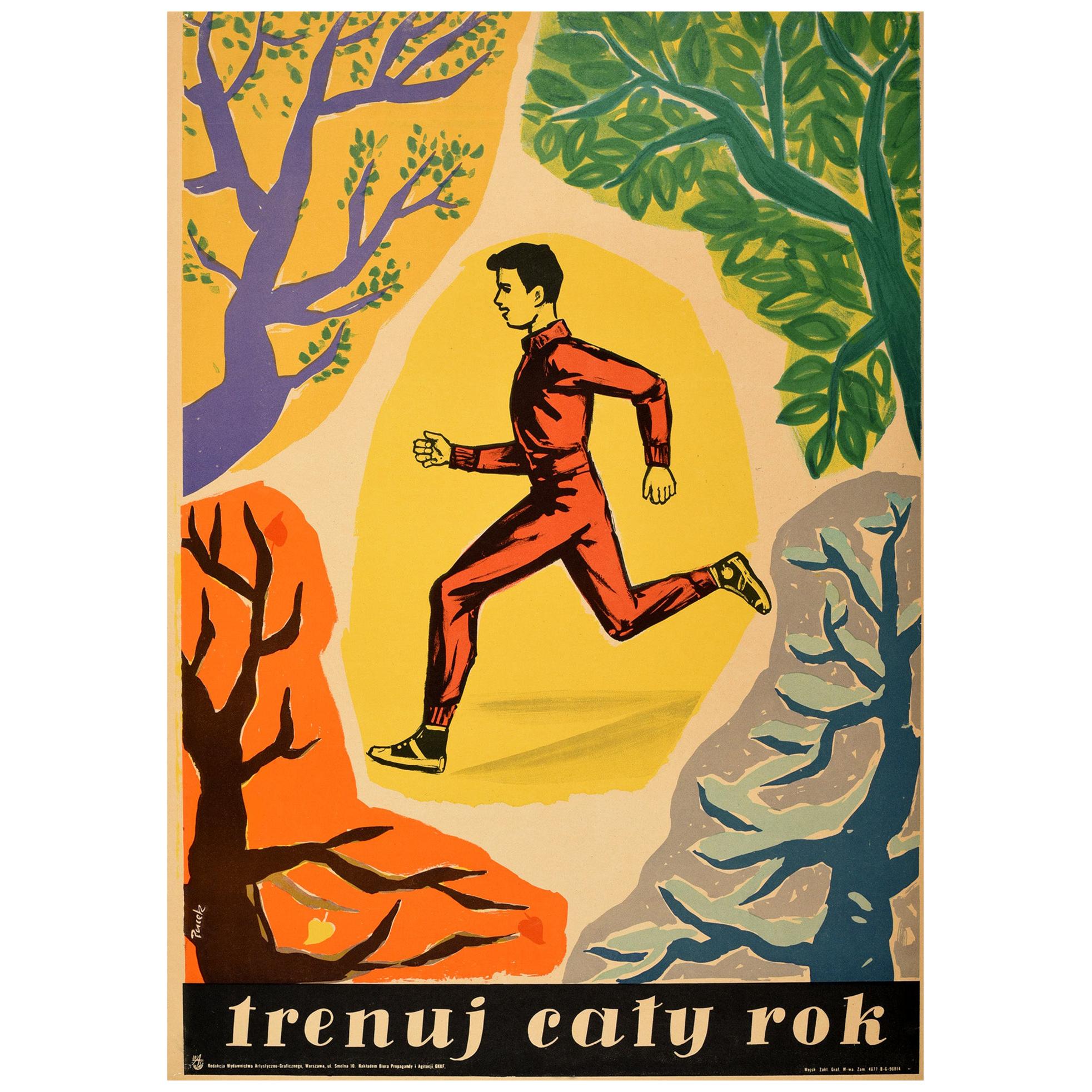 Original Vintage Poster Train All Year Trenuj Caly Rok Sport Health Fitness Run