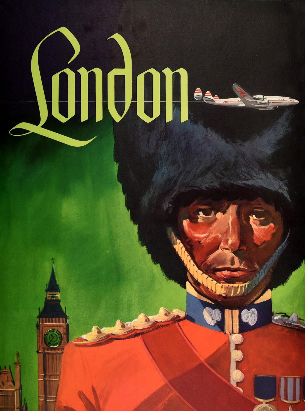 Original vintage travel poster for London issued by Trans World Airlines / TWA featuring a great design by the notable American artist David Klein (1918-2005) depicting a Royal Guard / Queen's Guard in red military uniform and bearskin hat standing