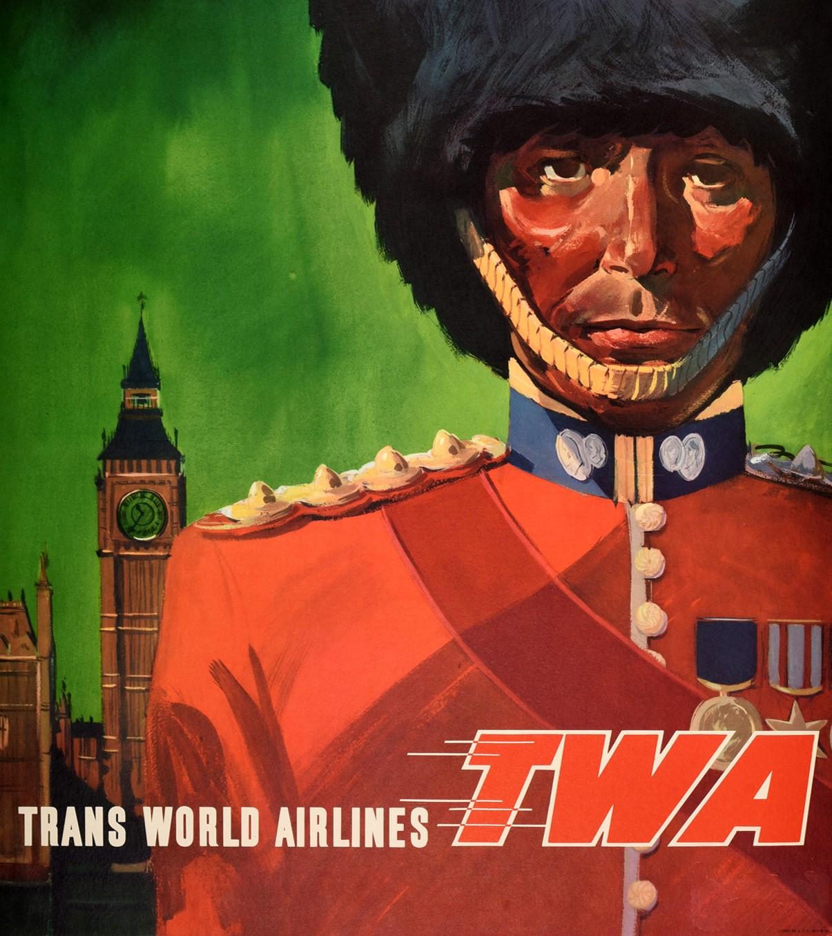 American Original Vintage Poster Trans World Airlines TWA London Royal Guard Travel Art For Sale