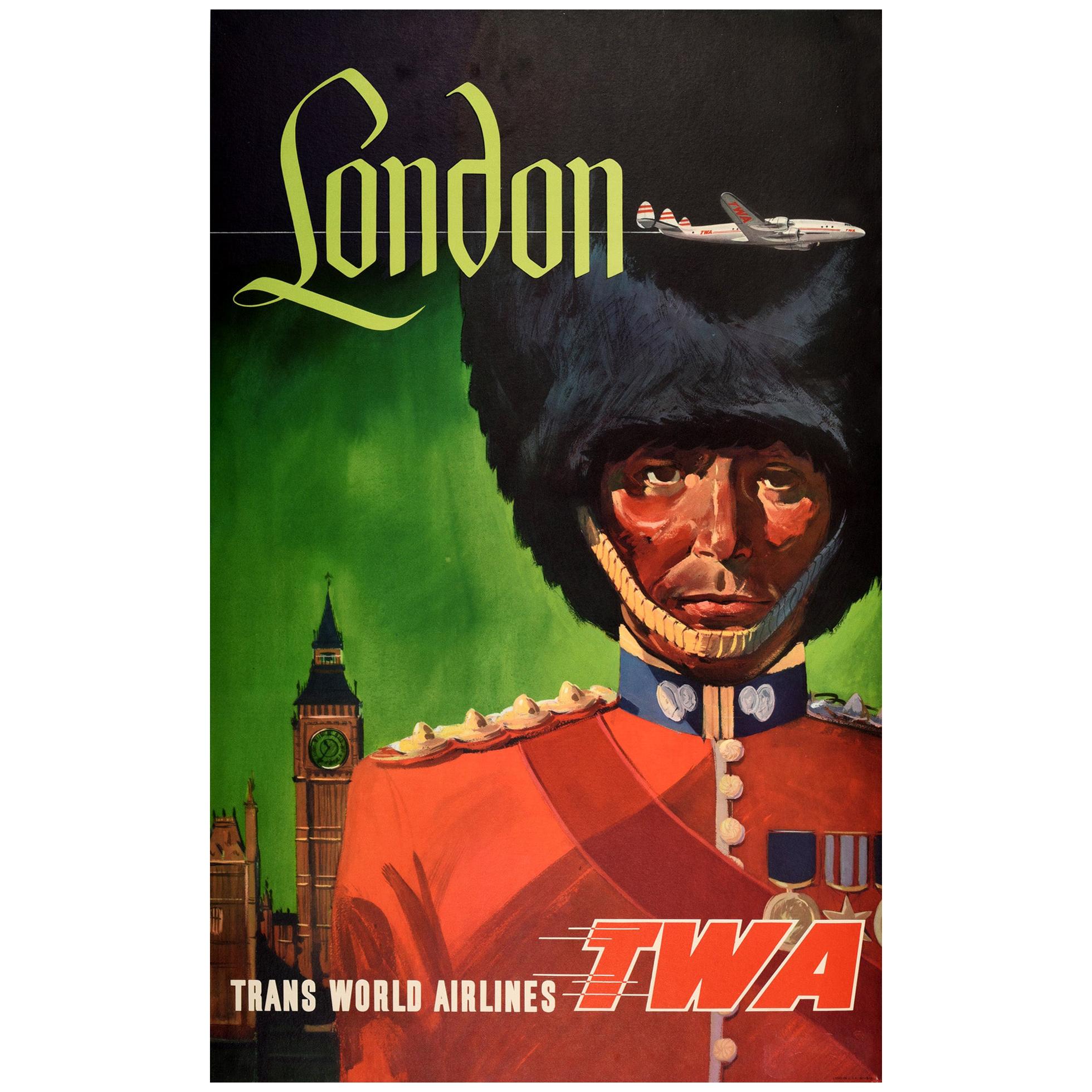 Original Vintage Poster Trans World Airlines TWA London Royal Guard Travel Art