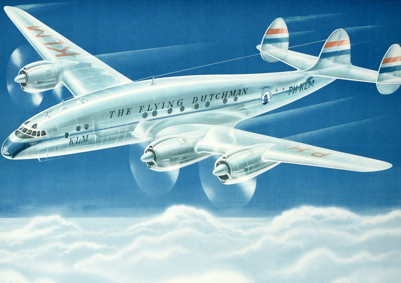 Original vintage air travel poster advertising the transatlantic service between Holland and America with KLM 
