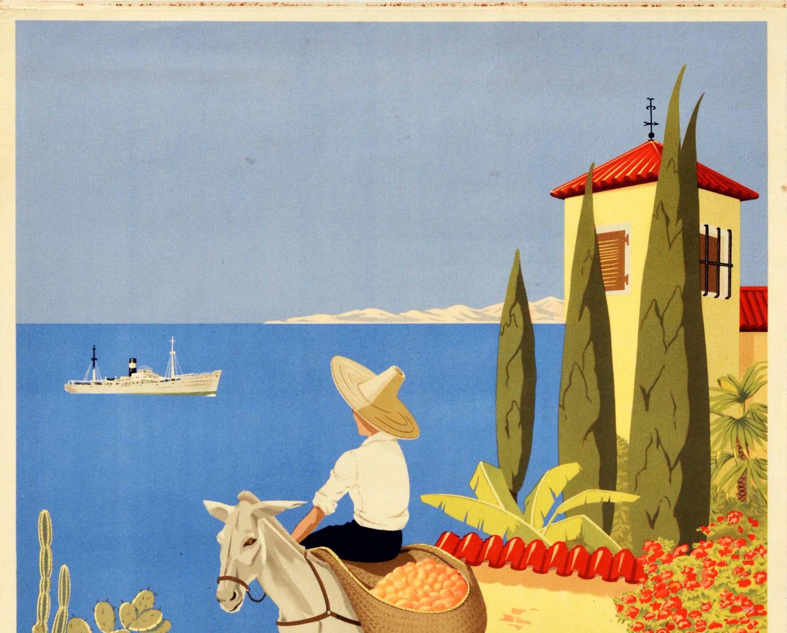 Original vintage cruise travel poster - Reist in den sonnigen Suden mit der Sloman Linie Hamburg / Travel to the sunny South with the Sloman Line Hamburg - with a great image showing a boy on a donkey loaded with goods, watching a cruise ship sail