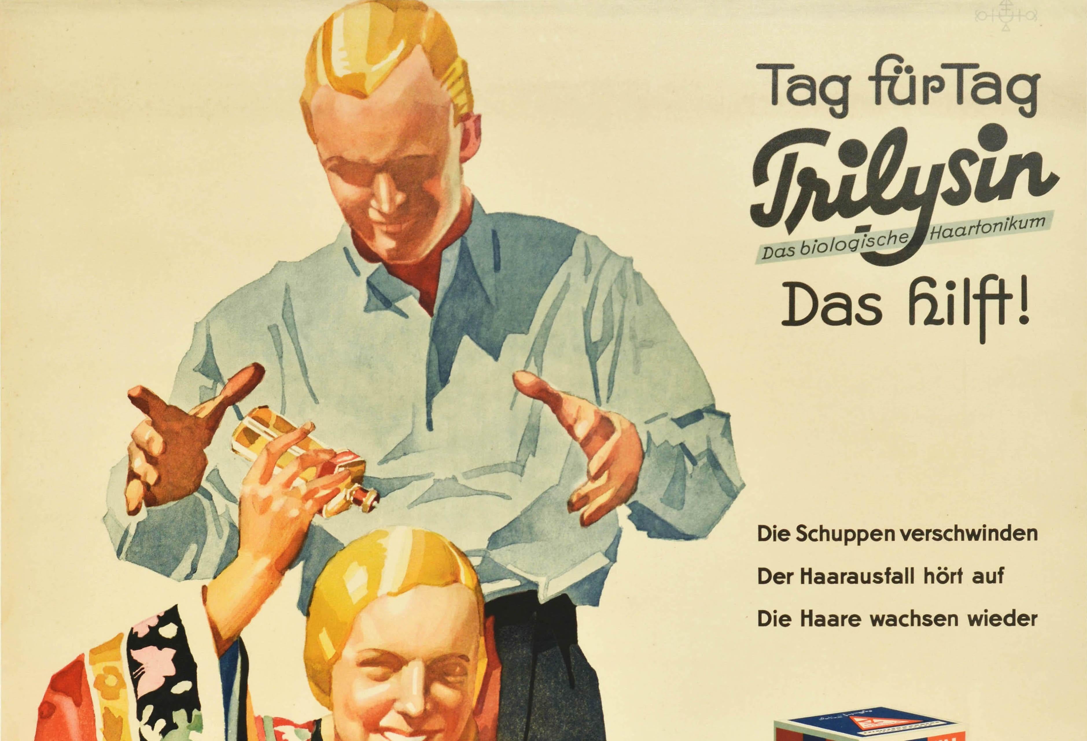 Original vintage advertising poster - Day after day Trilysin The biological hair tonic that helps! The dandruff disappears The hair loss stops The hair grows again. Scientific hair care with Trilysin and Trilysin Oil - featuring a great design by