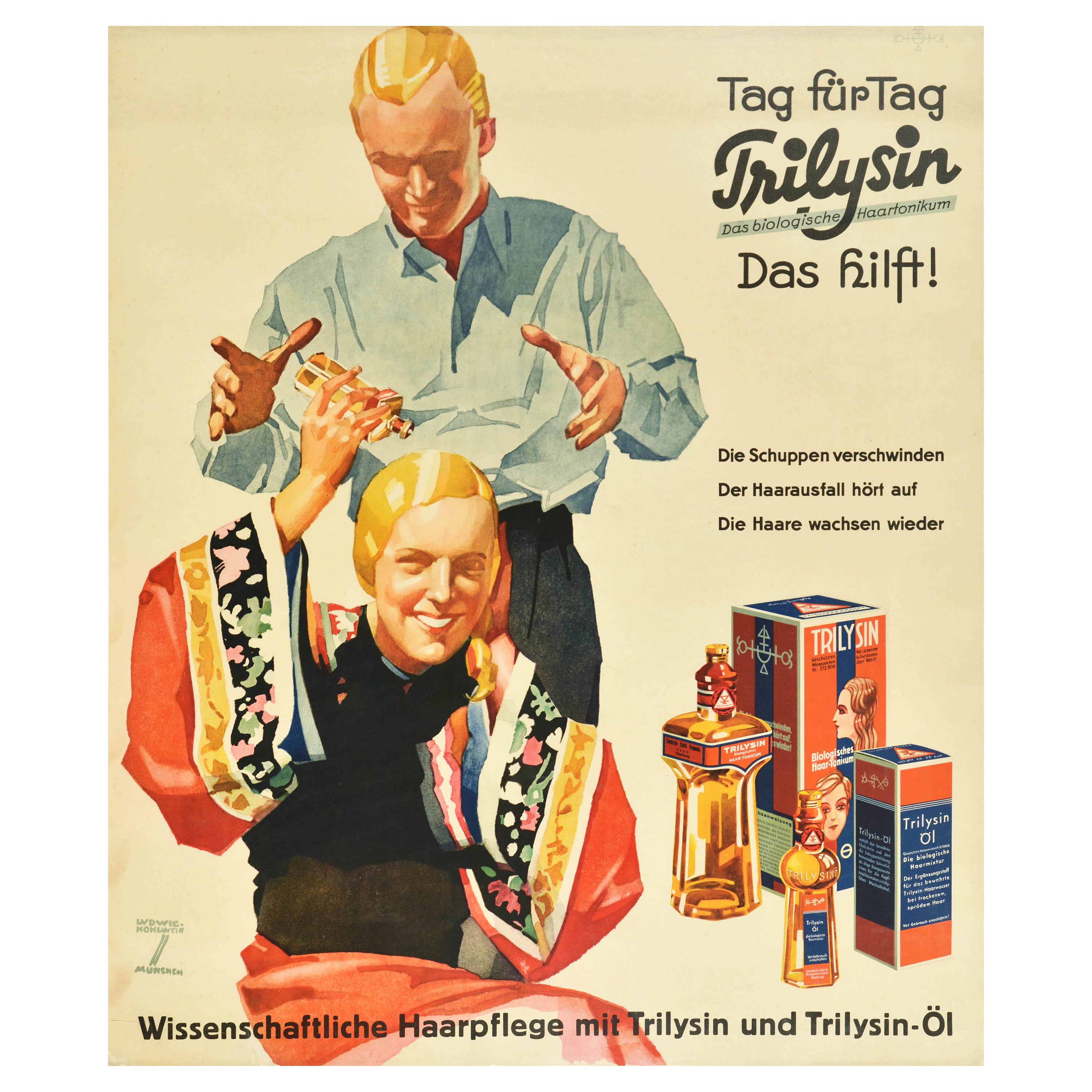 Original Vintage Poster, Trilysin Haar, Tonika, Kosmetik, Schönheit, Öl, Werbung, Kunst im Angebot