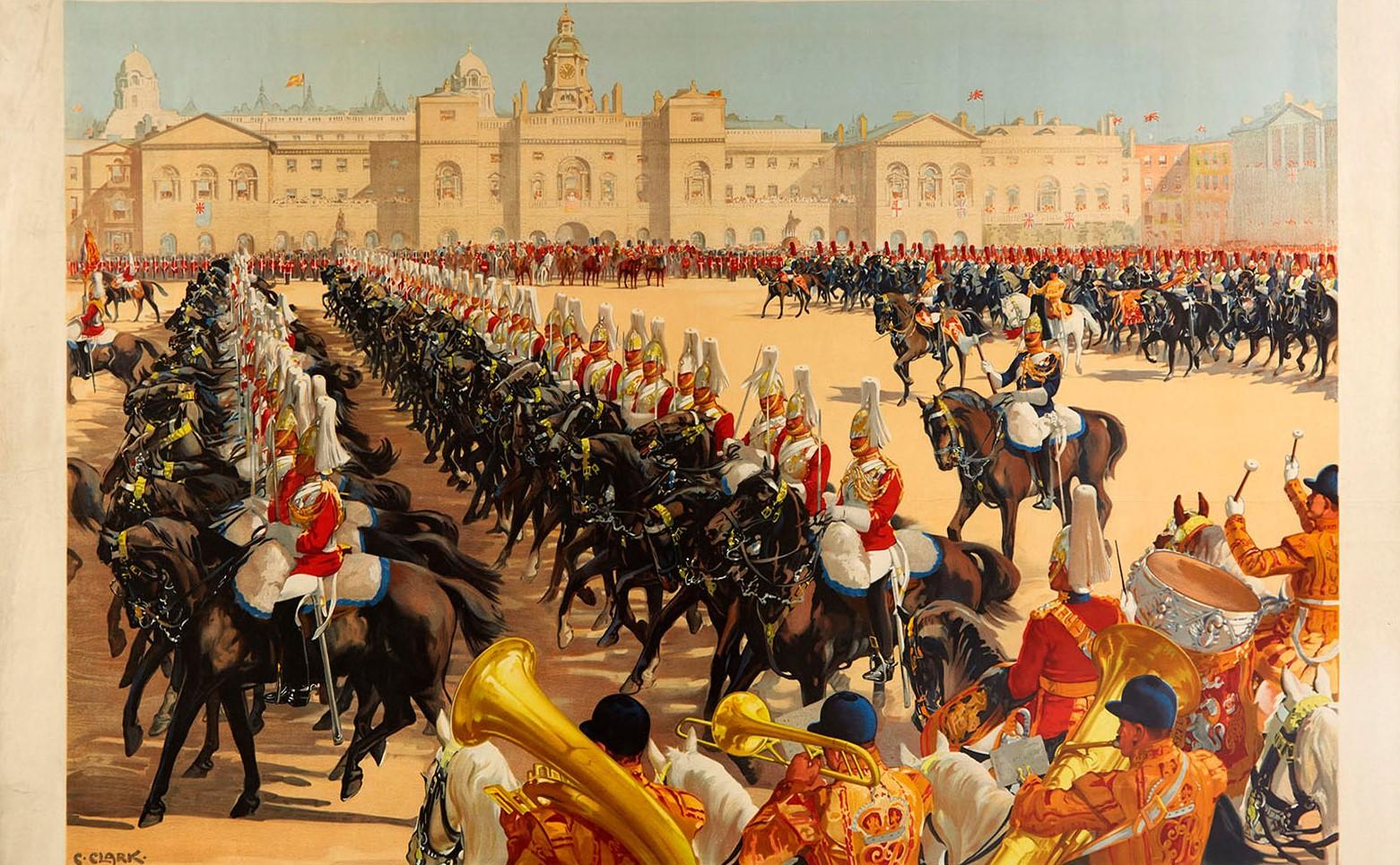 Mid-20th Century Original Vintage Poster Trooping The Colour Horse Guards London British Railways