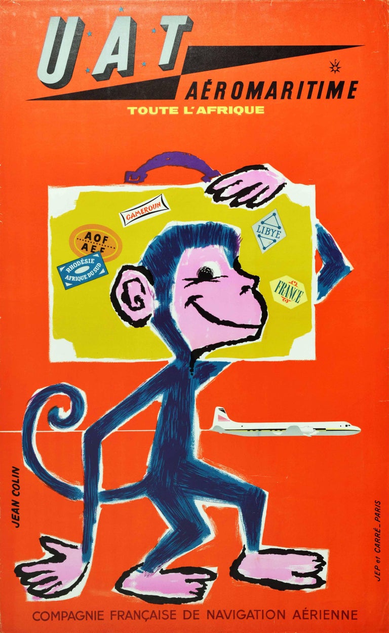 Original vintage travel poster for UAT Aeromaritime - Toute l'Afrique / All Africa - featuring a colourful and fun design by Jean Colin (1912-1982) of a smiling monkey carrying a suitcase covered in luggage label stickers with country names -