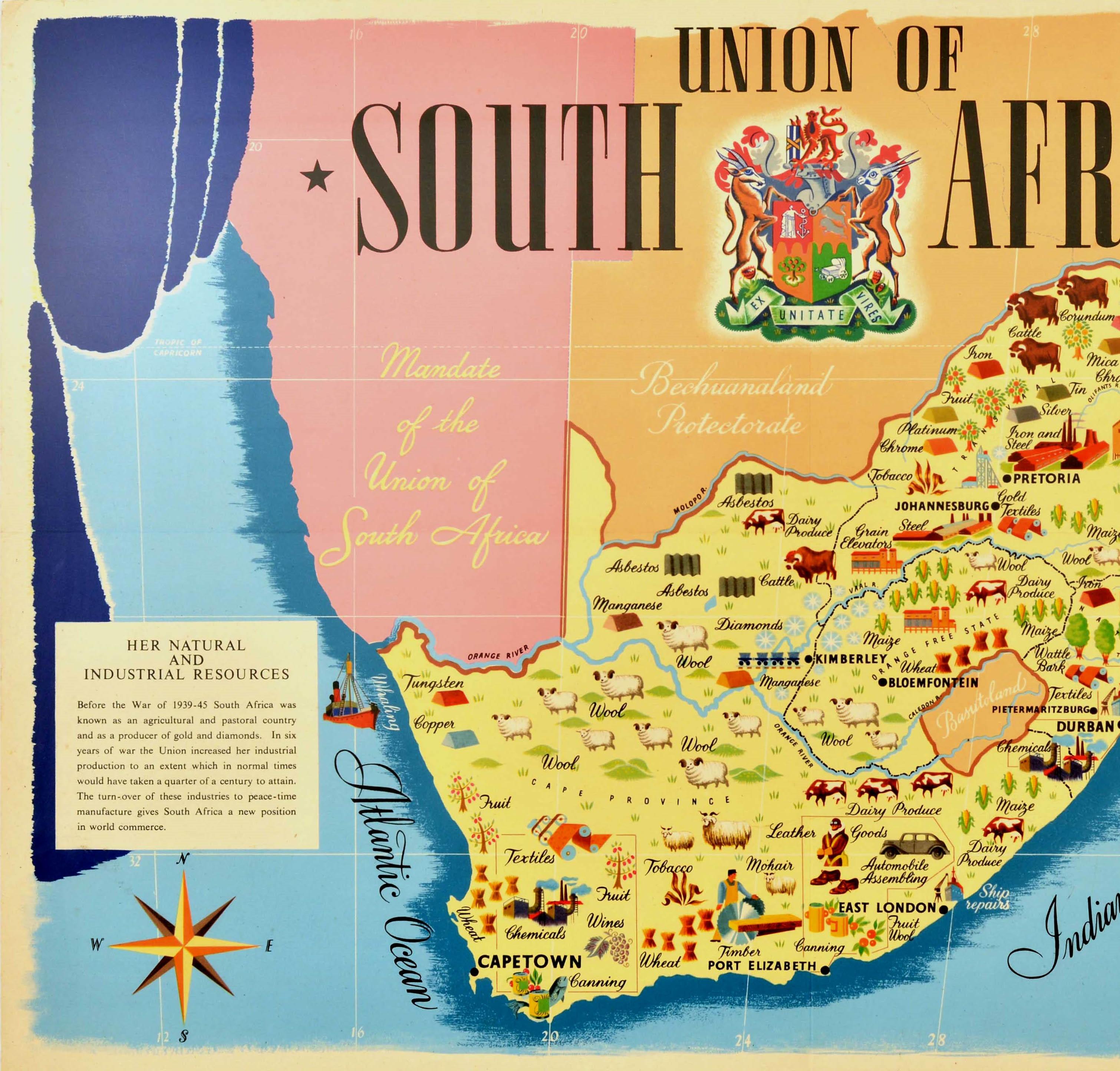 Original vintage illustrated map poster for the Union of South Africa Her Natural and Industrial Resources featuring colourful images of the main cities including Cape Town, Pretoria and Johannesburg with the various produce, factories and