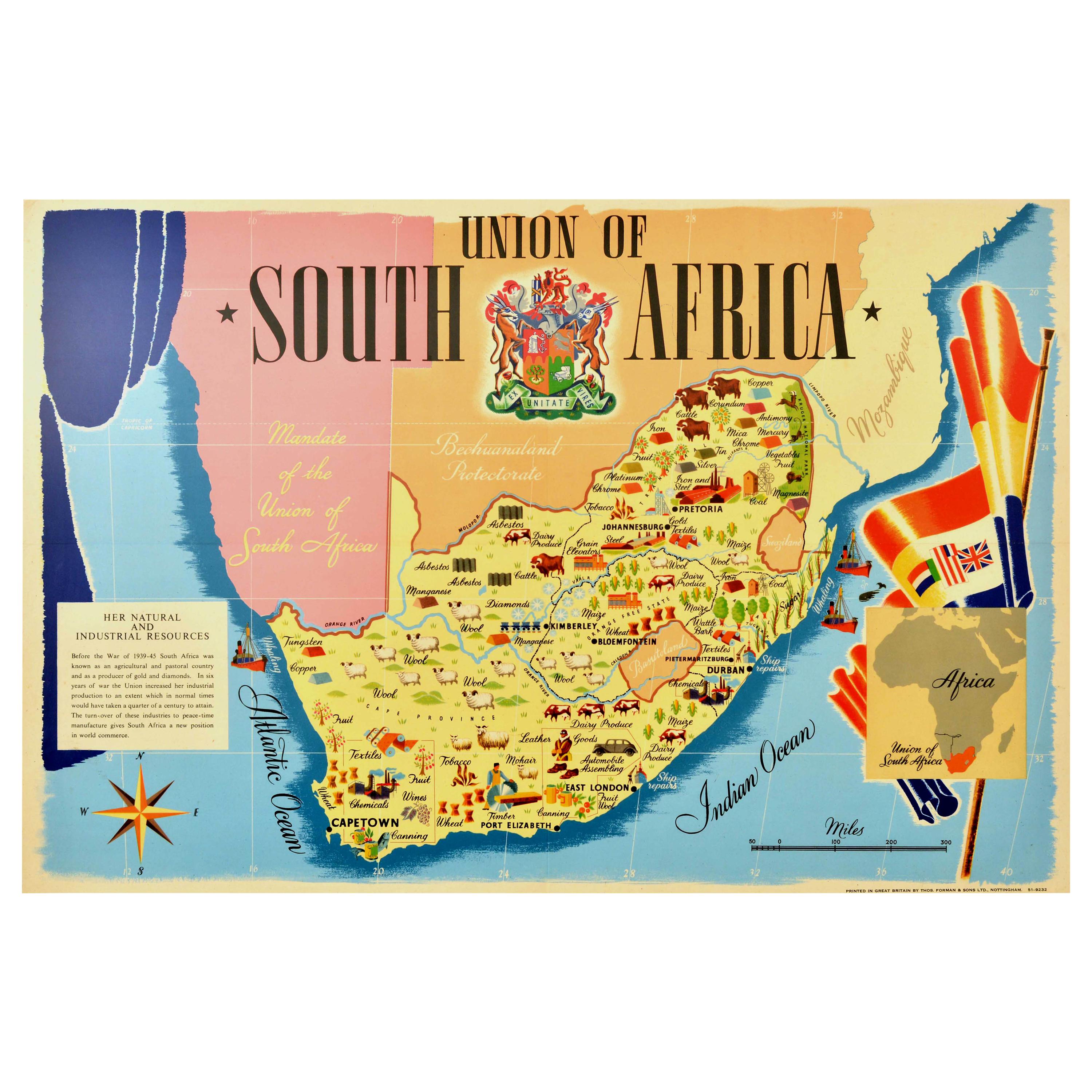 Affiche vintage d'origine Union Of South Africa, Carte des ressources naturelles et industrielles
