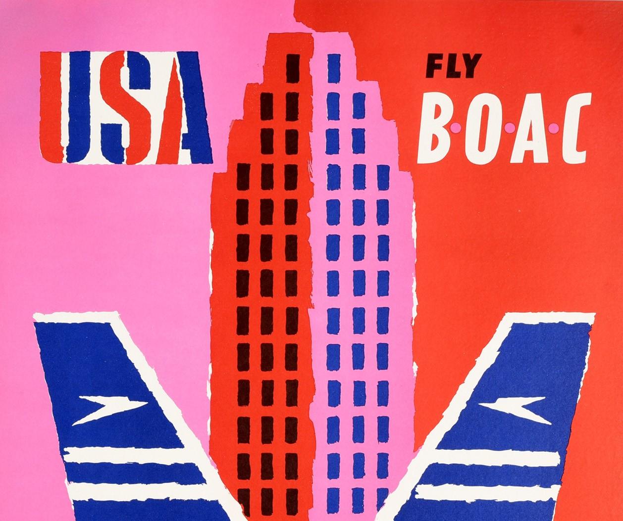 Original vintage travel poster for USA Fly BOAC British Overseas Airways Corporation featuring a fun and colourful mid-century design by the notable British graphic designer Abram Games (Abraham Gamse; 1914-1996) depicting a smiling man in a cowboy