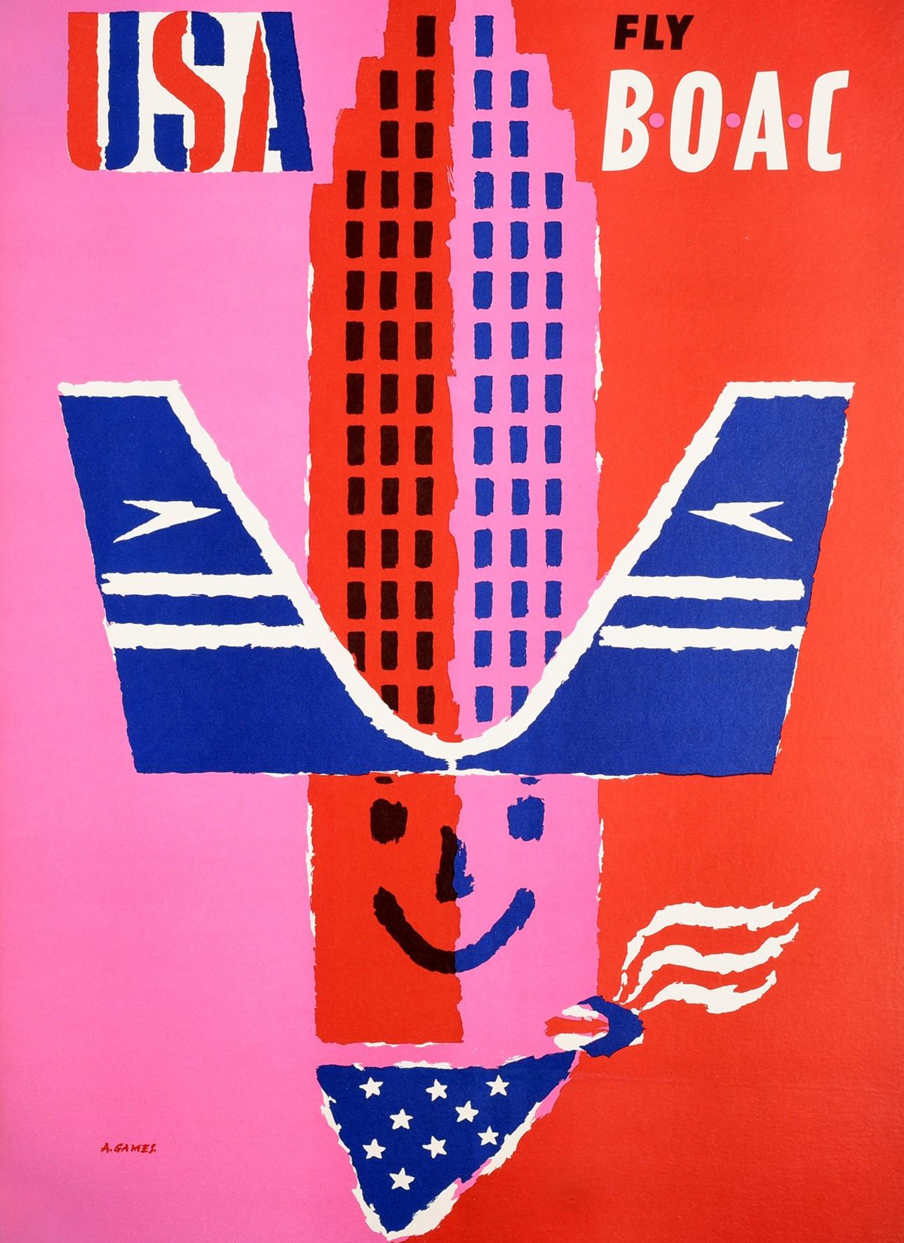 British Original Vintage Poster USA Fly BOAC Airline Travel America Midcentury Design