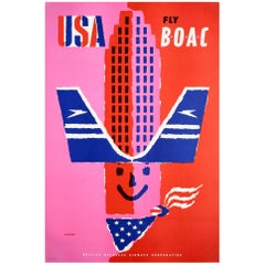 Original Vintage Poster USA Fly BOAC Airline Travel America Midcentury Design