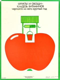 Original Vintage Poster USSR Health Food Fruit Vegetable Vitamin Well Apple Art