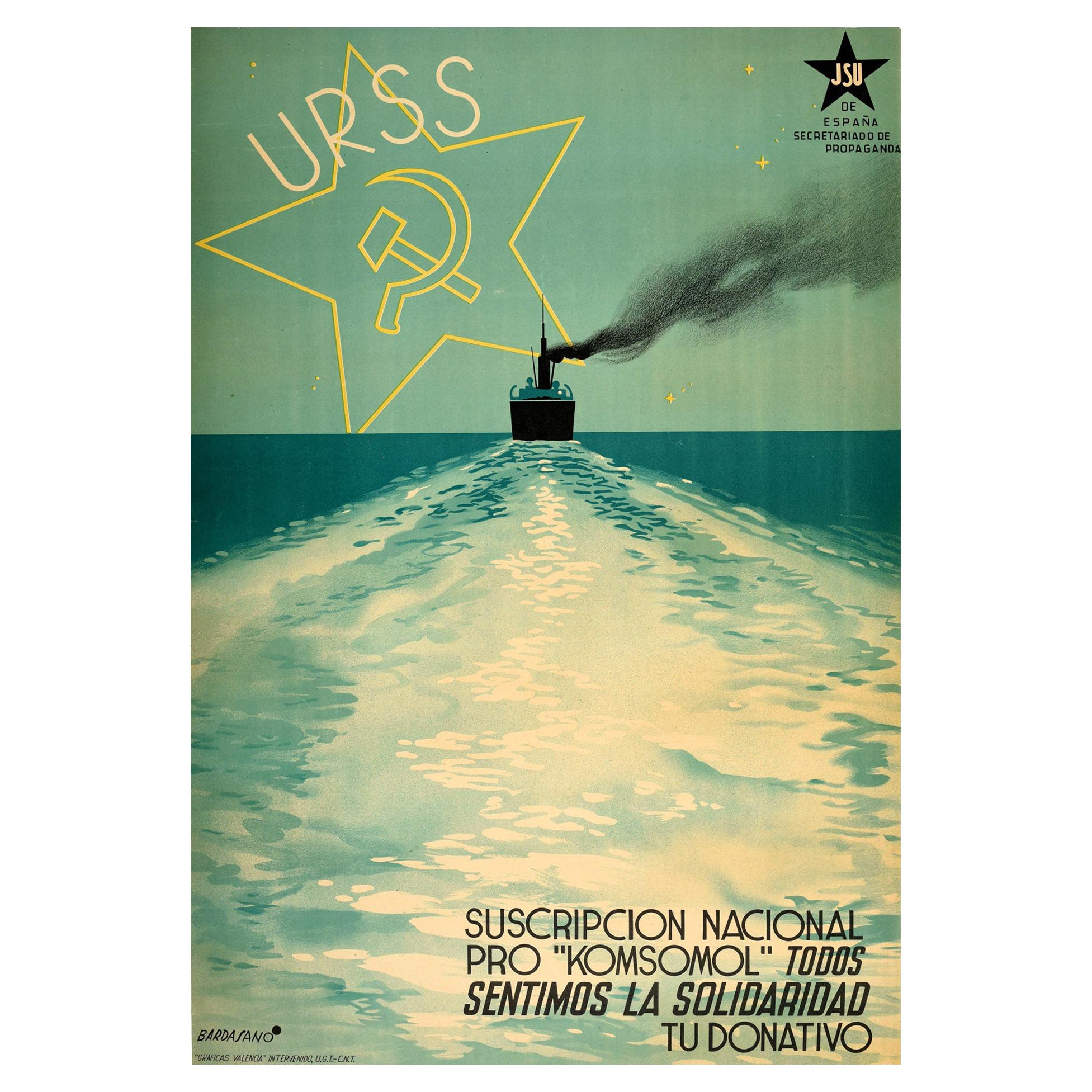 Poster originale d'epoca URSS Komsomol Sottoscrizione Spagna Gioventù Socialista Unificata
