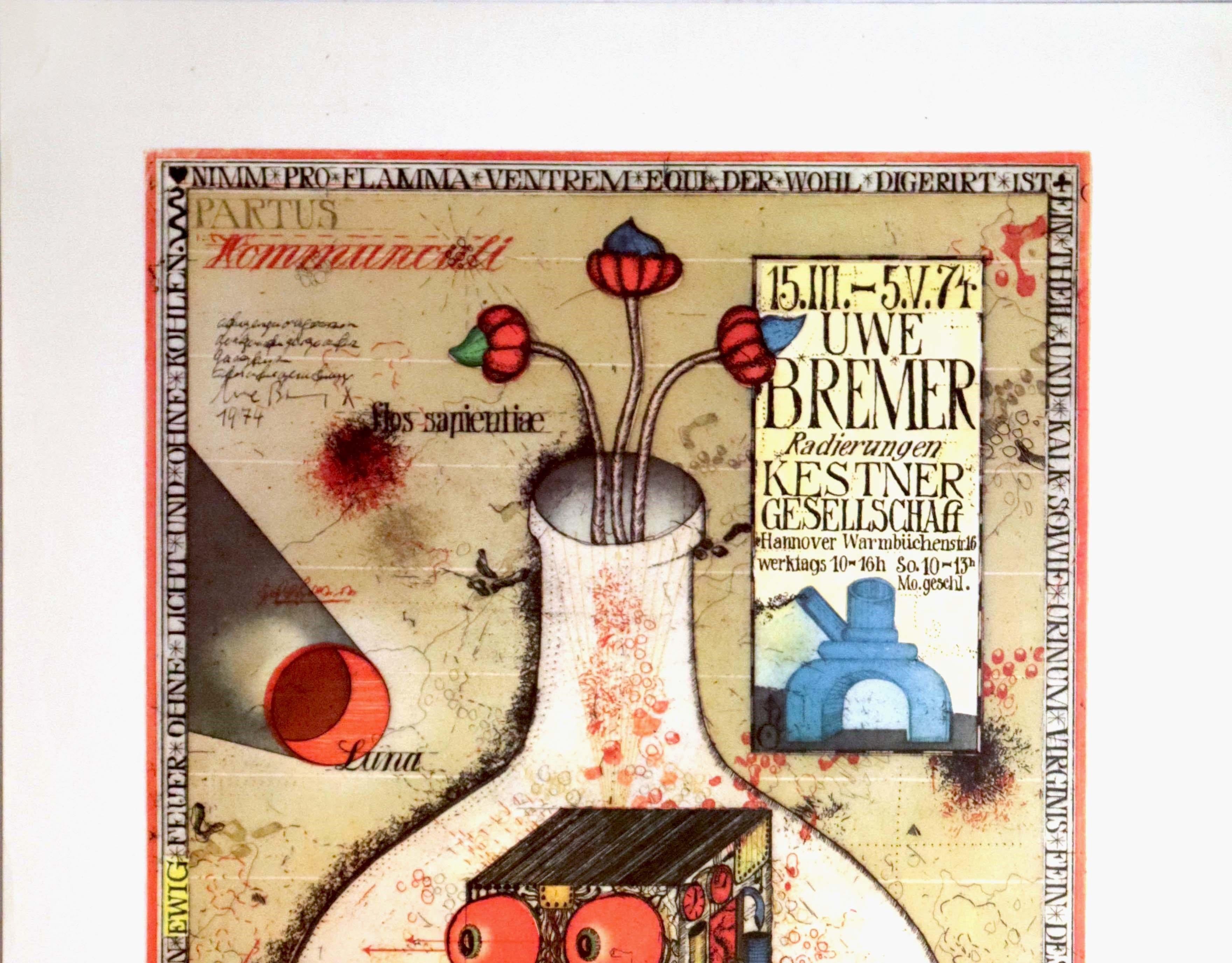 Affiche publicitaire originale d'époque pour une exposition de gravures et d'œuvres d'art du peintre réaliste fantastique et artiste graphique allemand Uwe Bremer (né en 1940) à la Société Kestner à Hanovre du 15 mars au 5 mai 1974. L'affiche