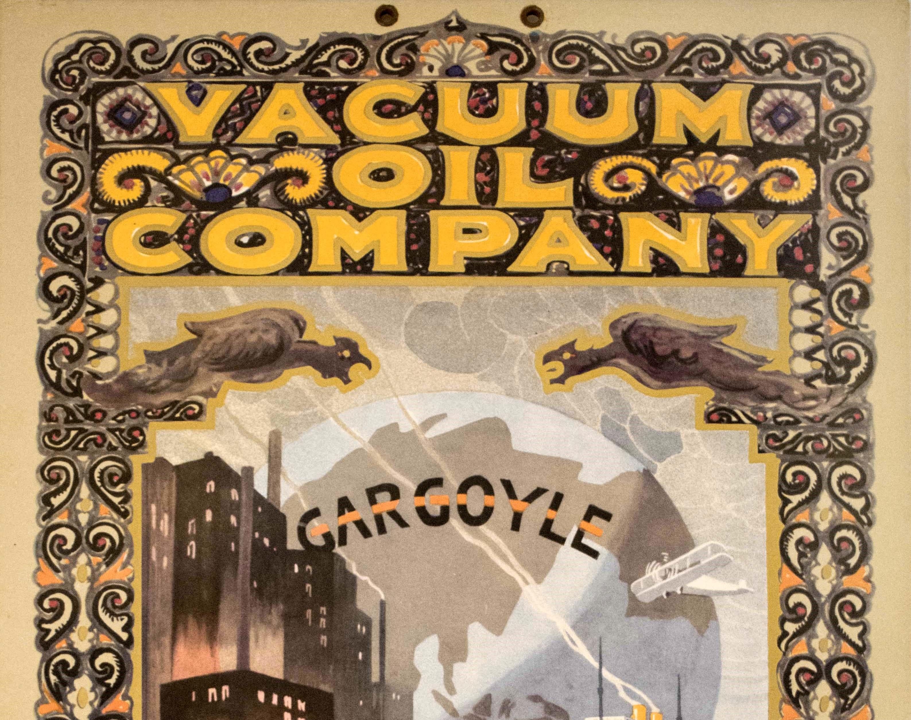 Original vintage advertising poster for the Vacuum Oil Company featuring a stunning Art Deco style design of a truck and classic car driving in front of industrial buildings with a steam ship at sea below a bi-plane in front of a map of the world as