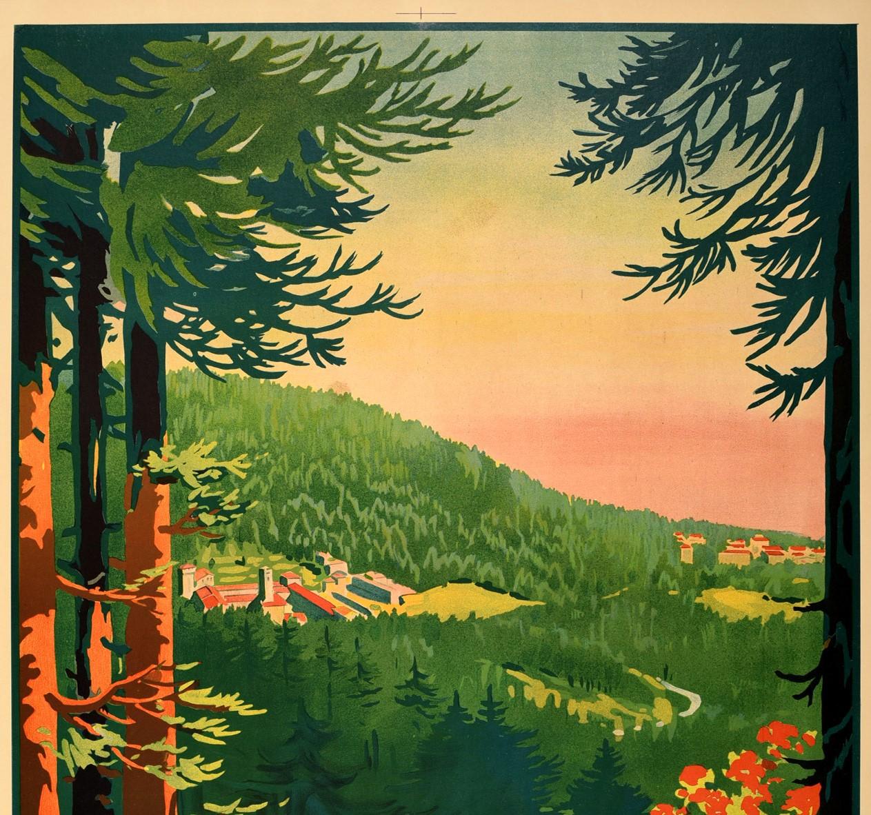 Original vintage travel poster for Vallombrosa-Saltino issued by the Italian tourist board ENIT (Ente Nazionale Italiano per il Turismo) and Italian State Railways featuring scenic artwork of villages nestled in a dense forest below a colourful sky