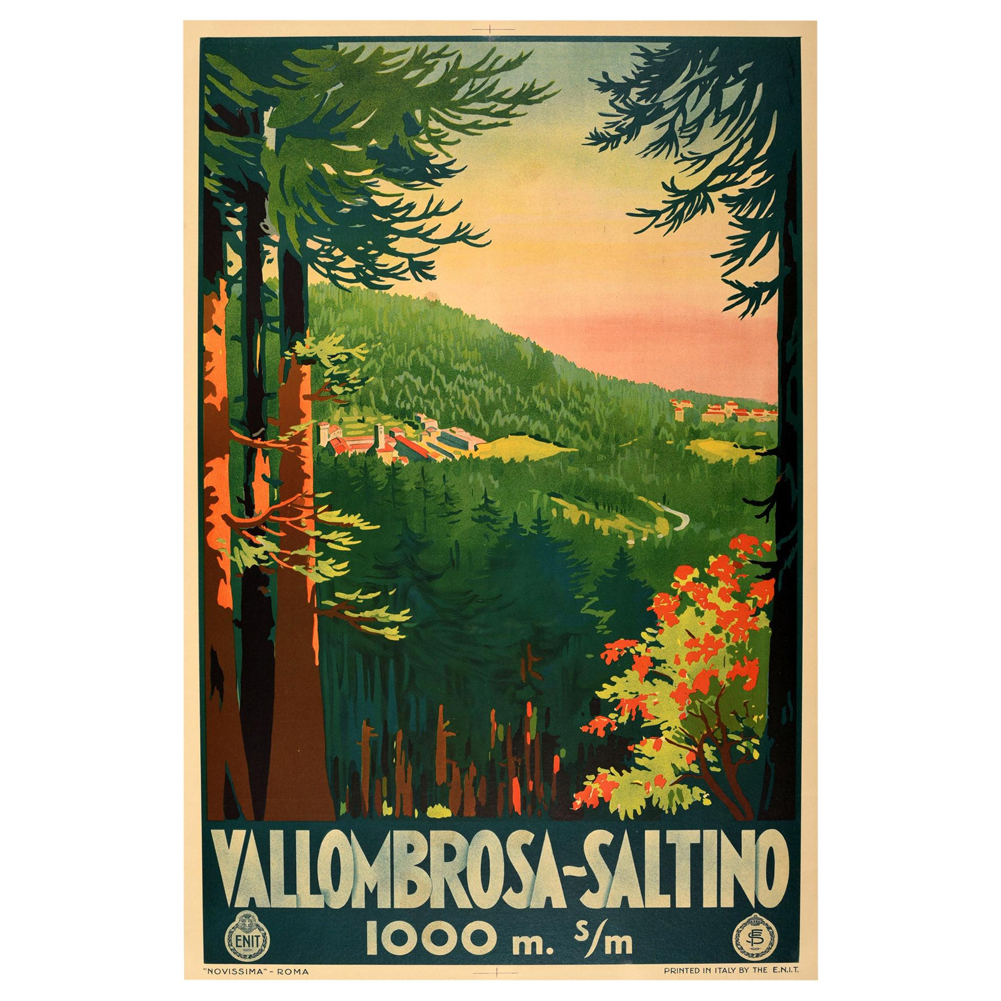 Poster originale d'epoca Vallombrosa Saltino Toscana Foresta Ferrovia Viaggio ENIT in vendita