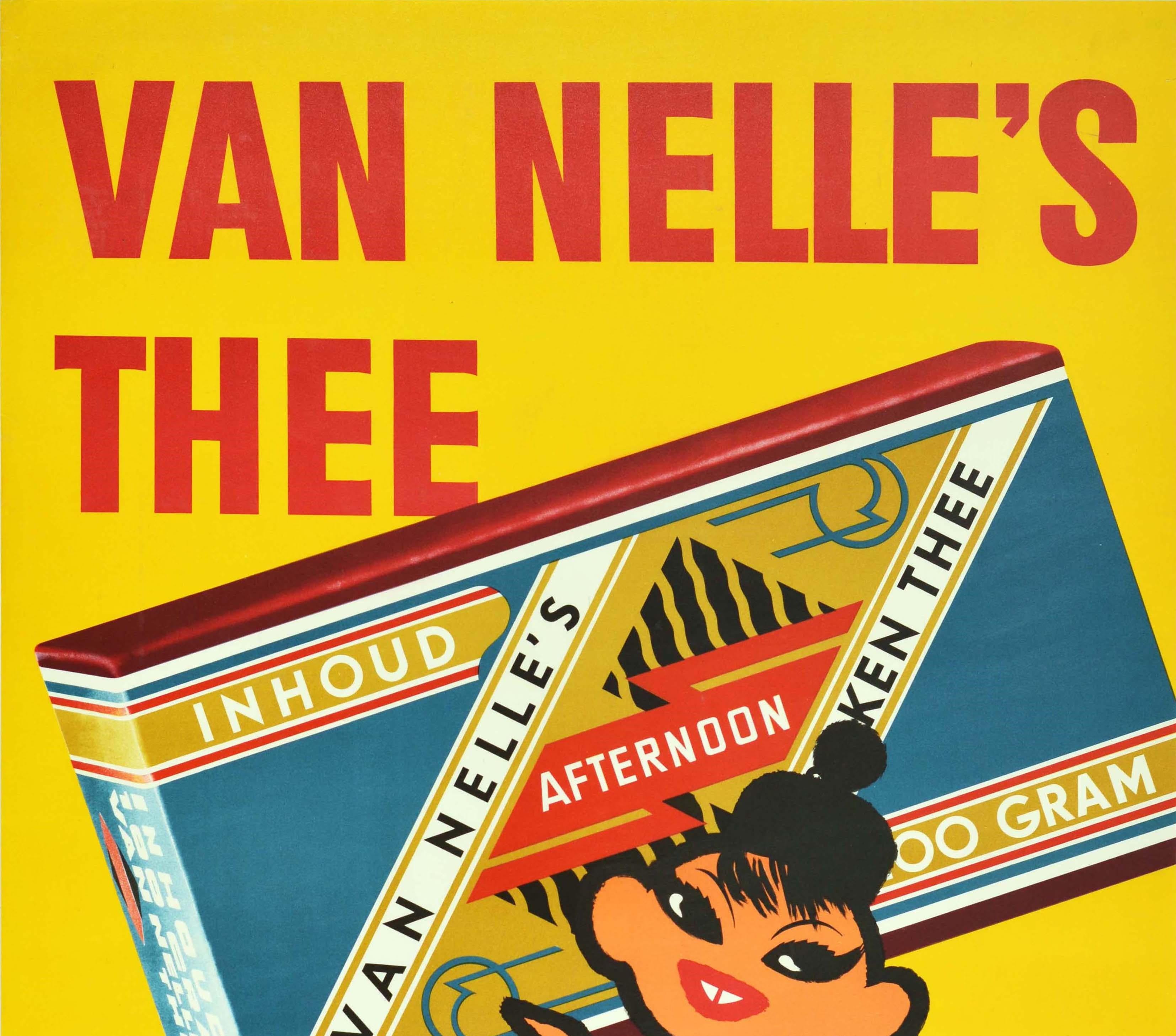 Original vintage drink advertising poster for Van Nelle's Thee Van Nelle Kwaliteit / Van Nelle's Tea Van Nelle Quality featuring a bright and colourful illustration of a smiling Asian lady wearing a Mandarin style hat on top of her her long hair in