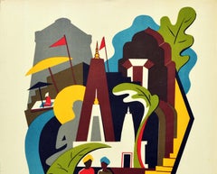 Original Vintage Poster Varanasi Banaras India River Ganges Ghat Asia Travel Art