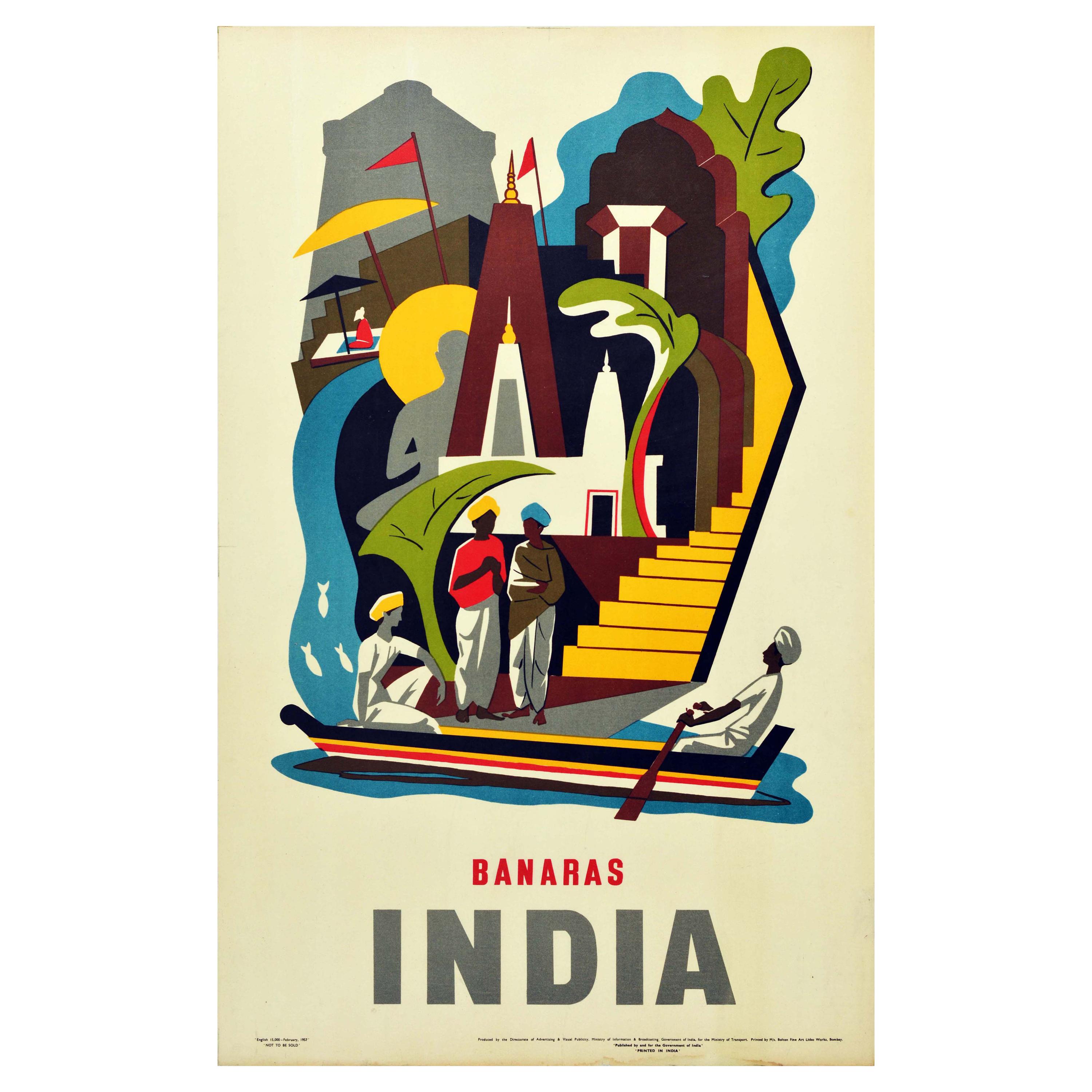 Original Vintage Poster Varanasi Banaras India River Ganges Ghat Asia Travel Art For Sale