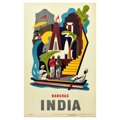 Affiche vintage d'origine Varanasi Banaras Inde rivière Ganges Ghat Asie Voyage Art