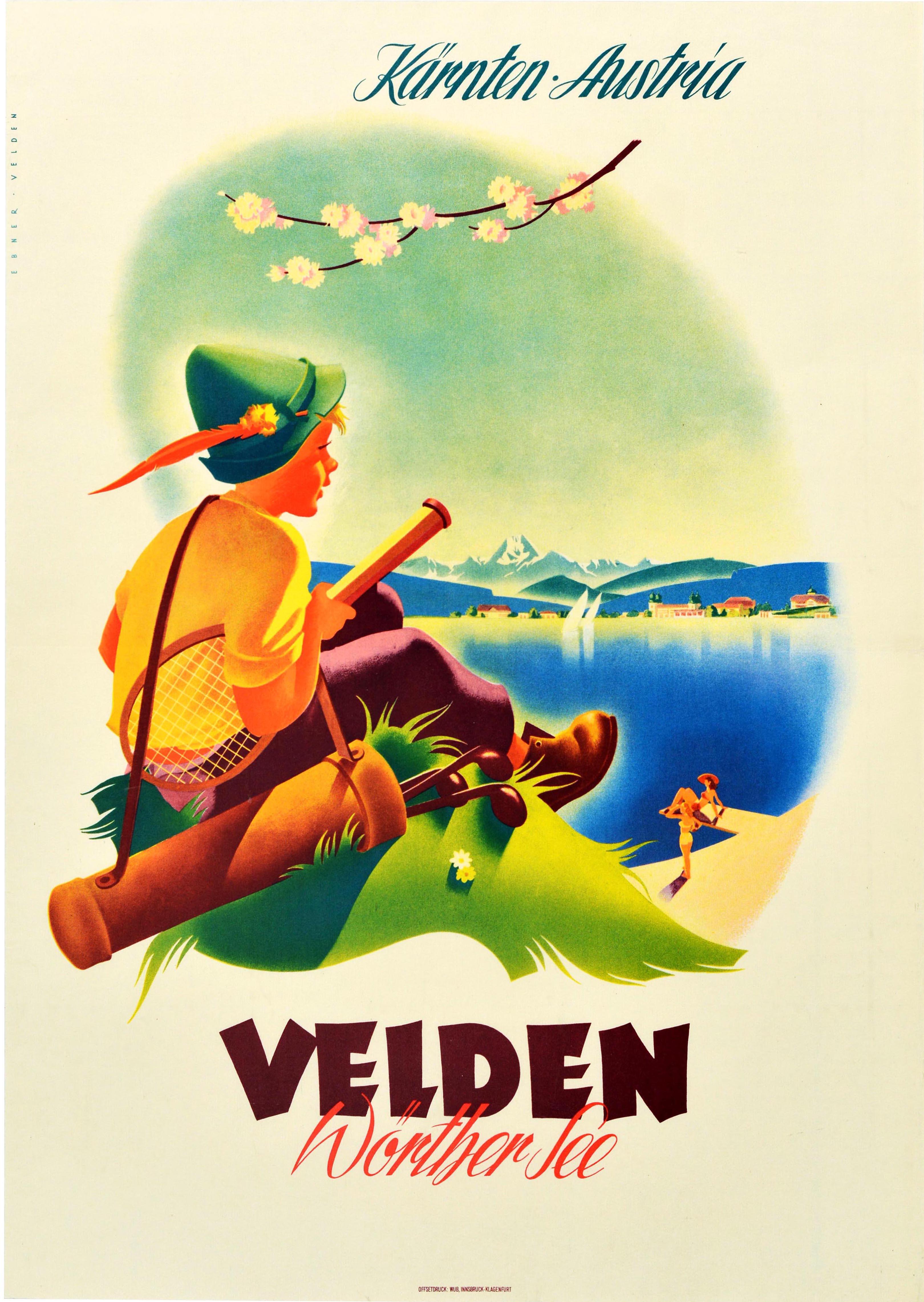 Original vintage travel poster promoting Velden Worther See - a market town on the shore of the Worthersee lake in Carinthia / Karnten Austria - showing a young boy in a traditional Austrian hat carrying golf clubs and a tennis racket on a grassy