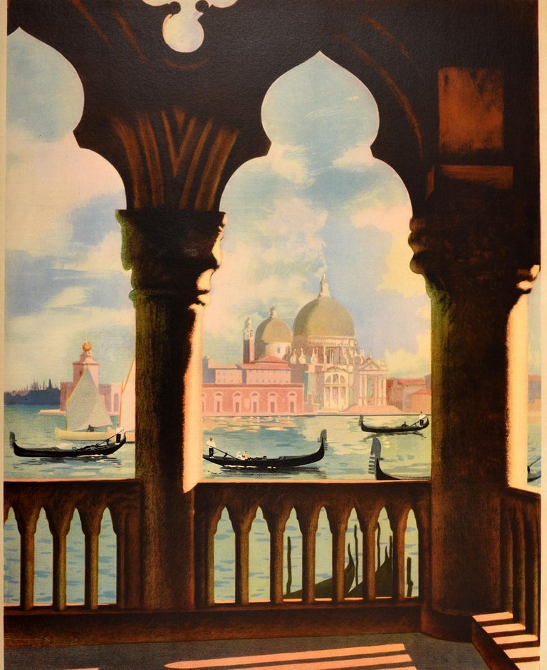 Original vintage travel poster published by the Italian Tourism Board ENIT advertising the city of Venice in Italy featuring a scenic view of the famous dome of the historic Basilica of St Mary of Health / Santa Maria della Salute (consecrated 1681)