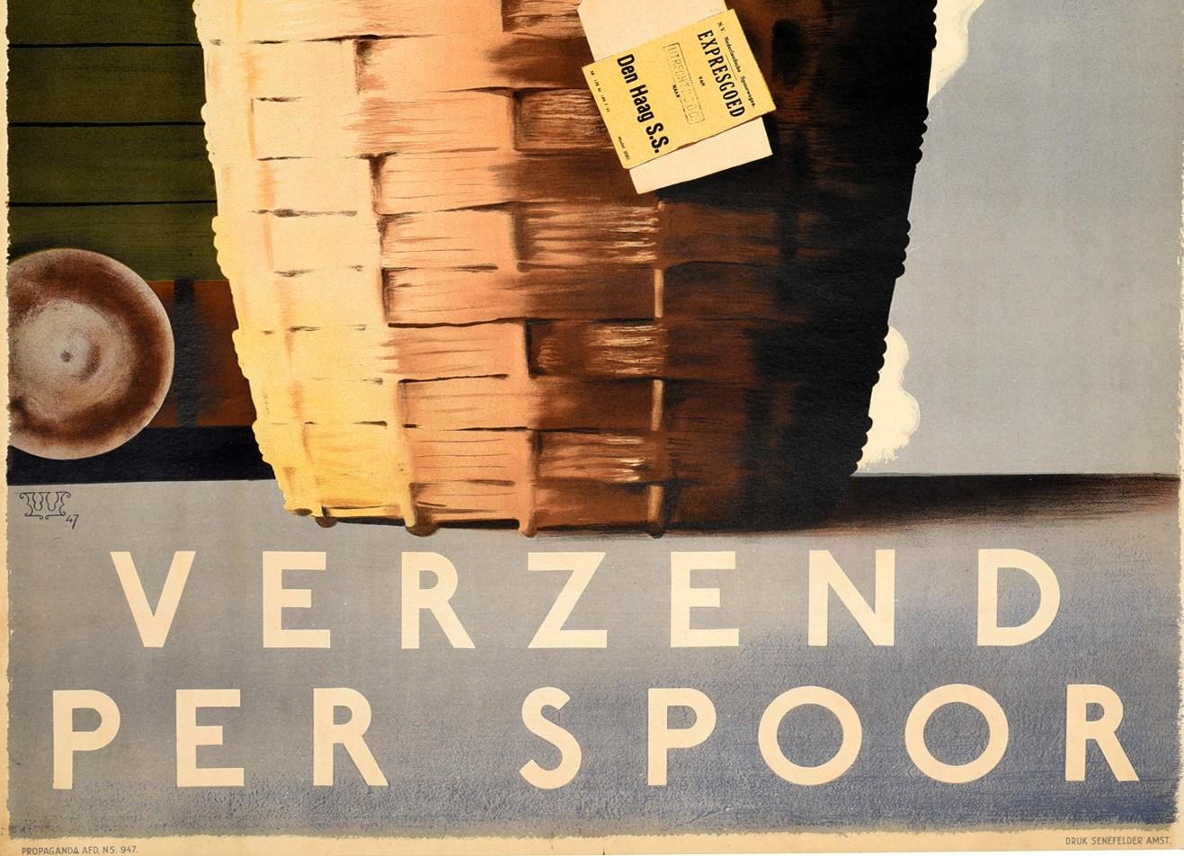 Dutch Original Vintage Poster Verzend Per Spoor Express Goods By Rail Wine Den Haag For Sale