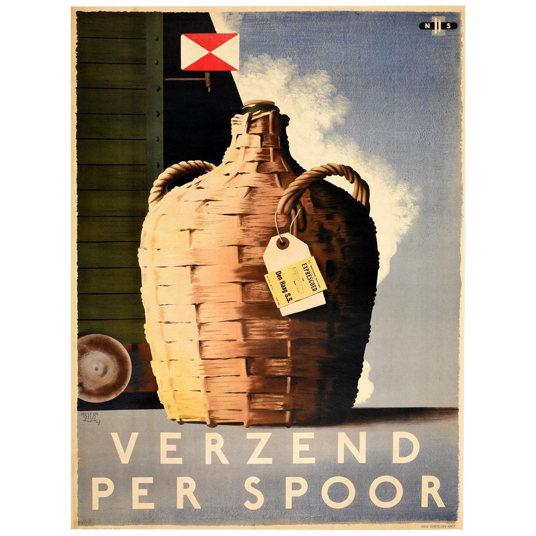 Original Vintage Poster Verzend Per Spoor Express Goods By Rail Wine Den Haag For Sale