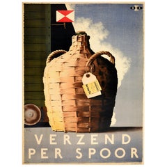 Affiche vintage originale, Verzend Per Spoor, Transport express de marchandises par voie ferroviaire, Vin, La Haye