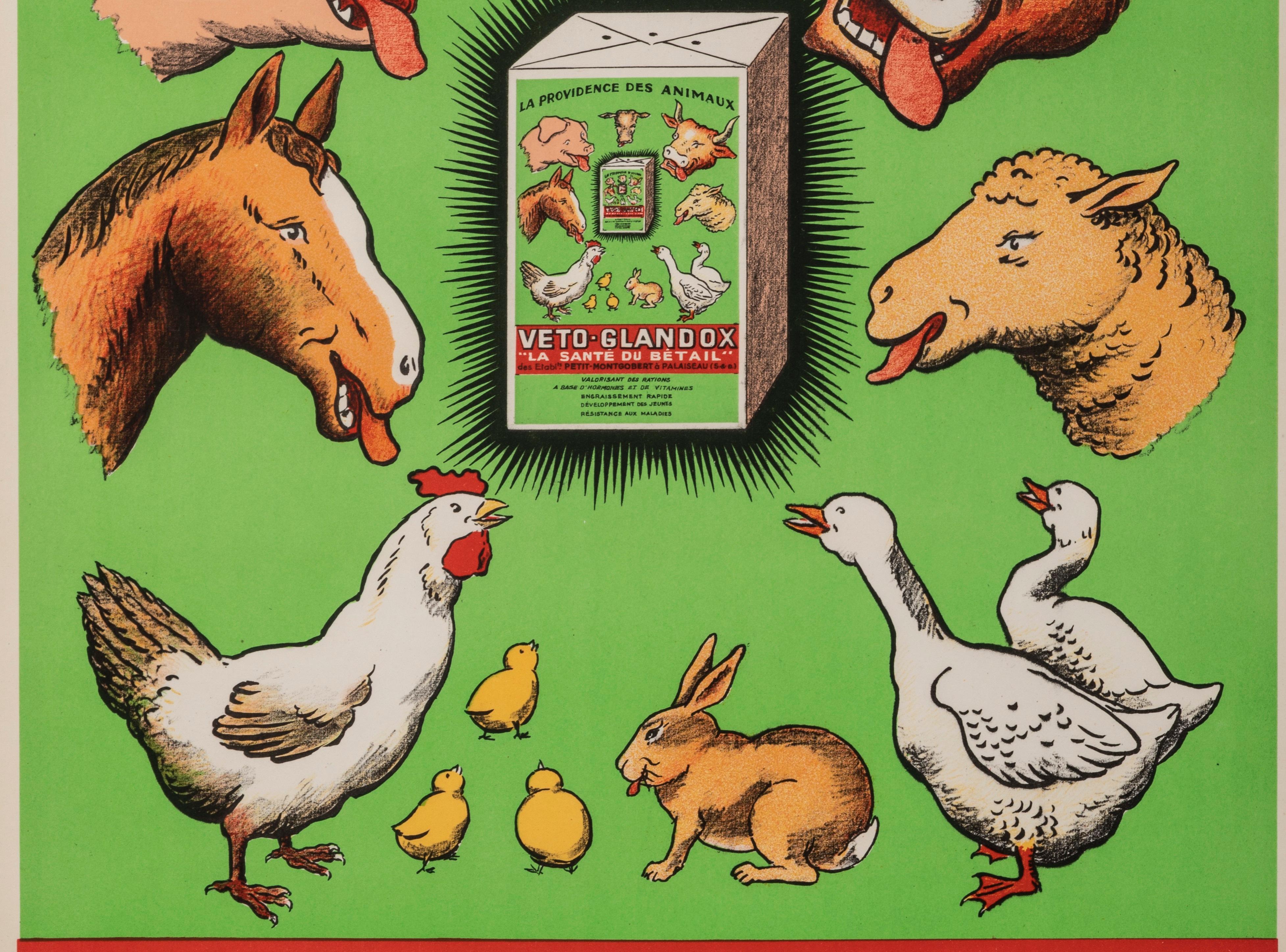 Art Deco Original Vintage Poster, Veto Glandox, Farm Animals, Pig, Horse, Chicken, 1939 For Sale