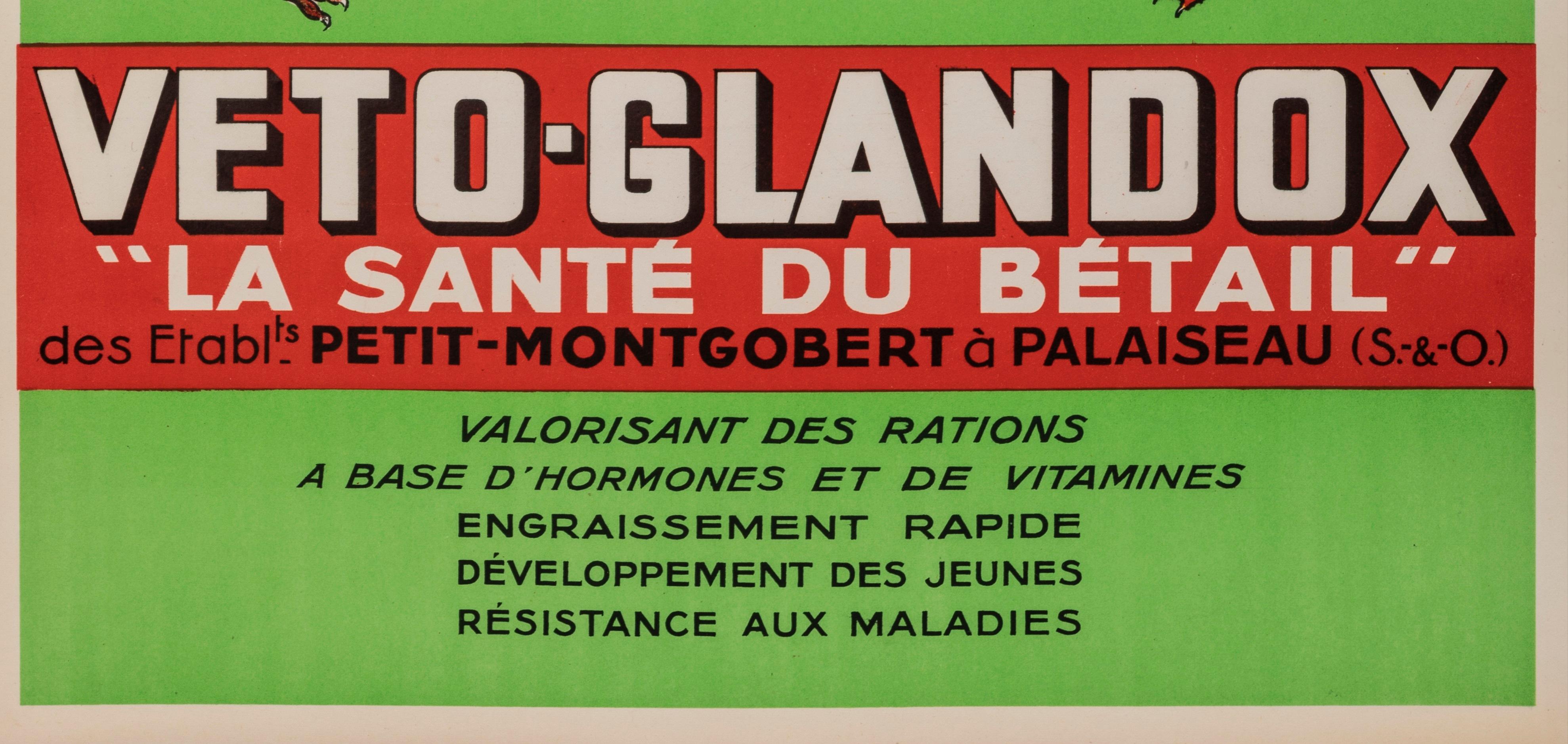 French Original Vintage Poster, Veto Glandox, Farm Animals, Pig, Horse, Chicken, 1939 For Sale