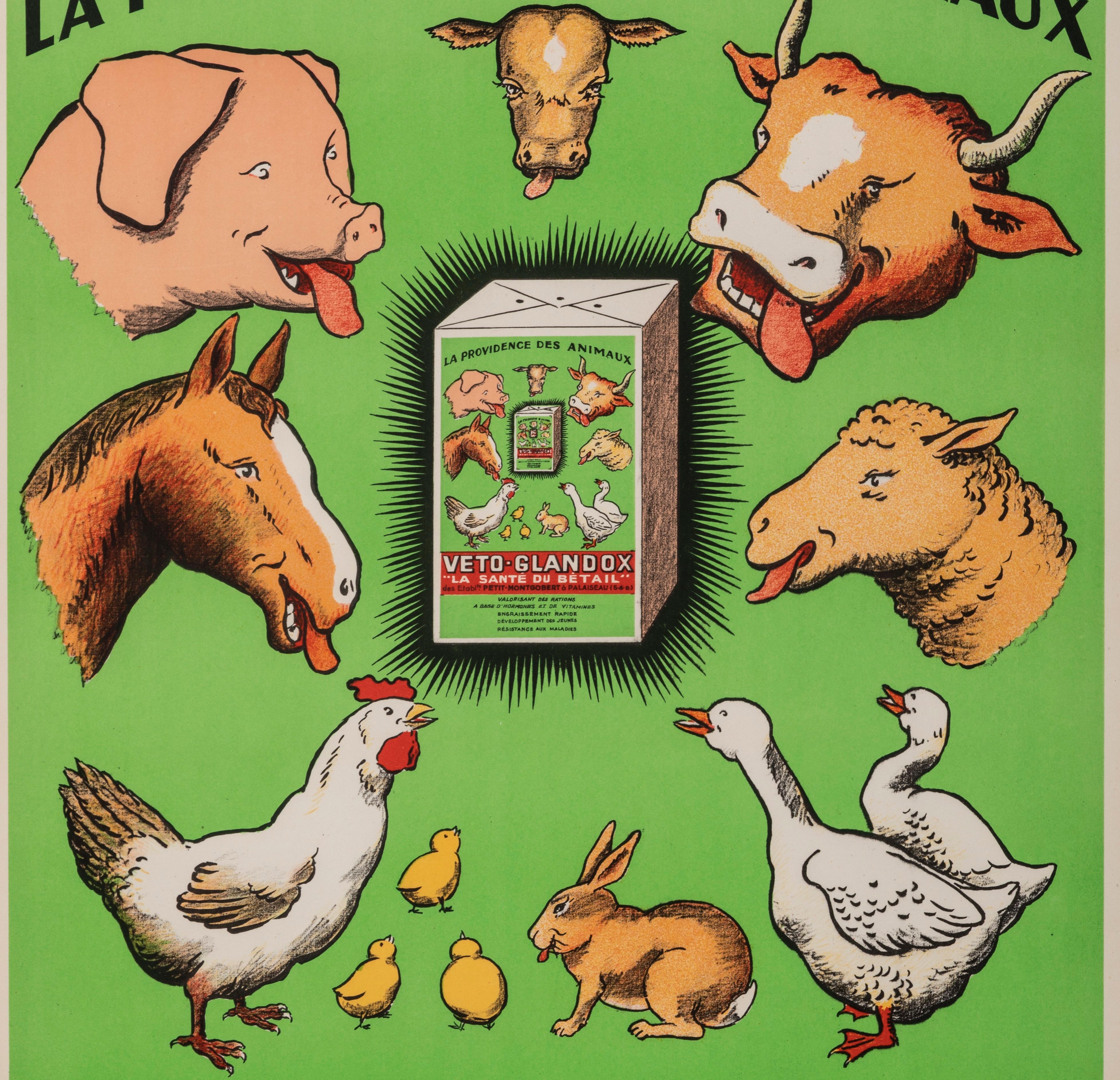 Original Vintage Poster, Veto Glandox, Farm Animals, Pig, Horse, Chicken, 1939 In Good Condition For Sale In SAINT-OUEN-SUR-SEINE, FR