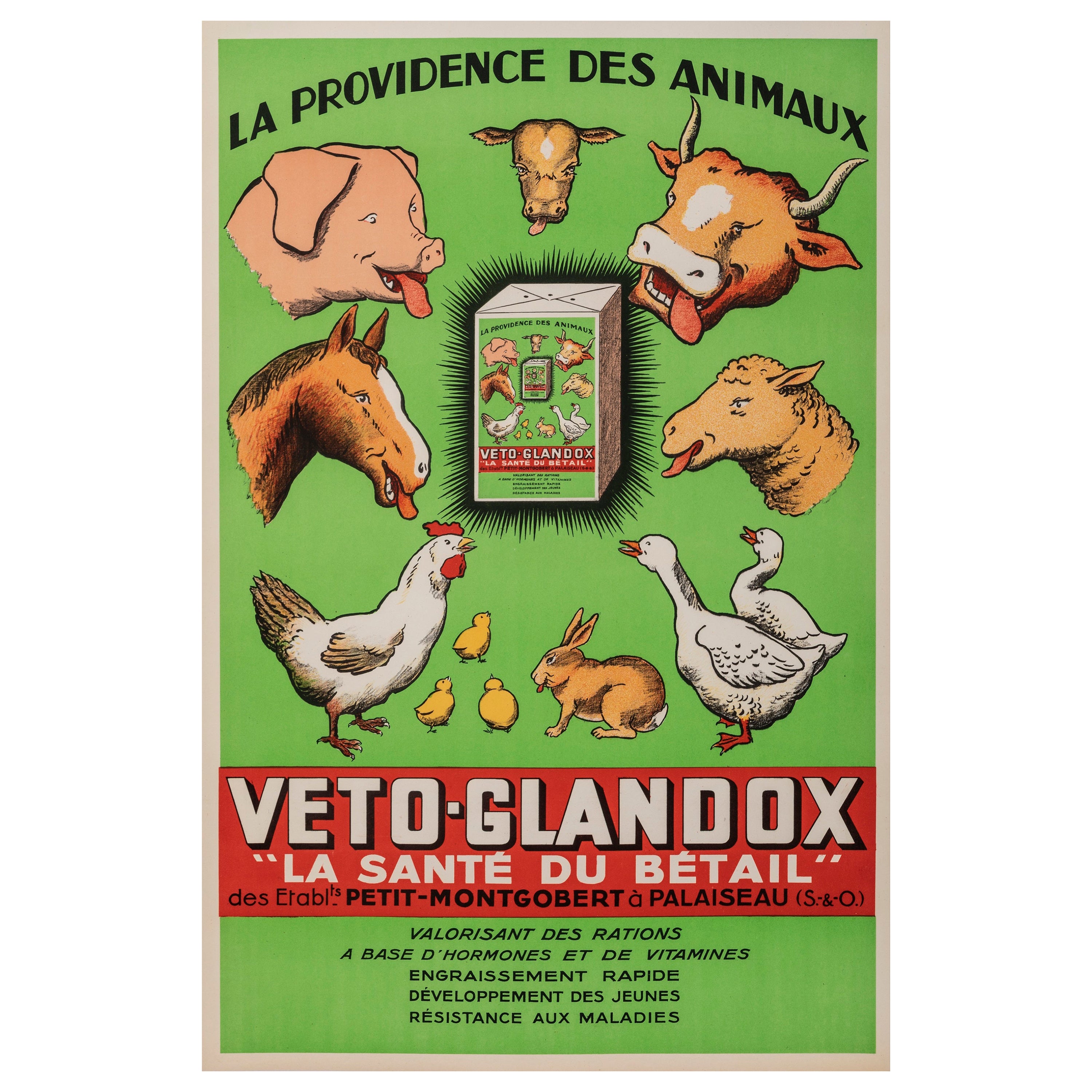 Original-Vintage-Poster, Veto Glandox, Bauern Tiere, Schwein, Pferd, Hühner, 1939