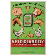 Cartel Vintage Original, Veto Glandox, Animales de Granja, Cerdo, Caballo, Pollo, 1939