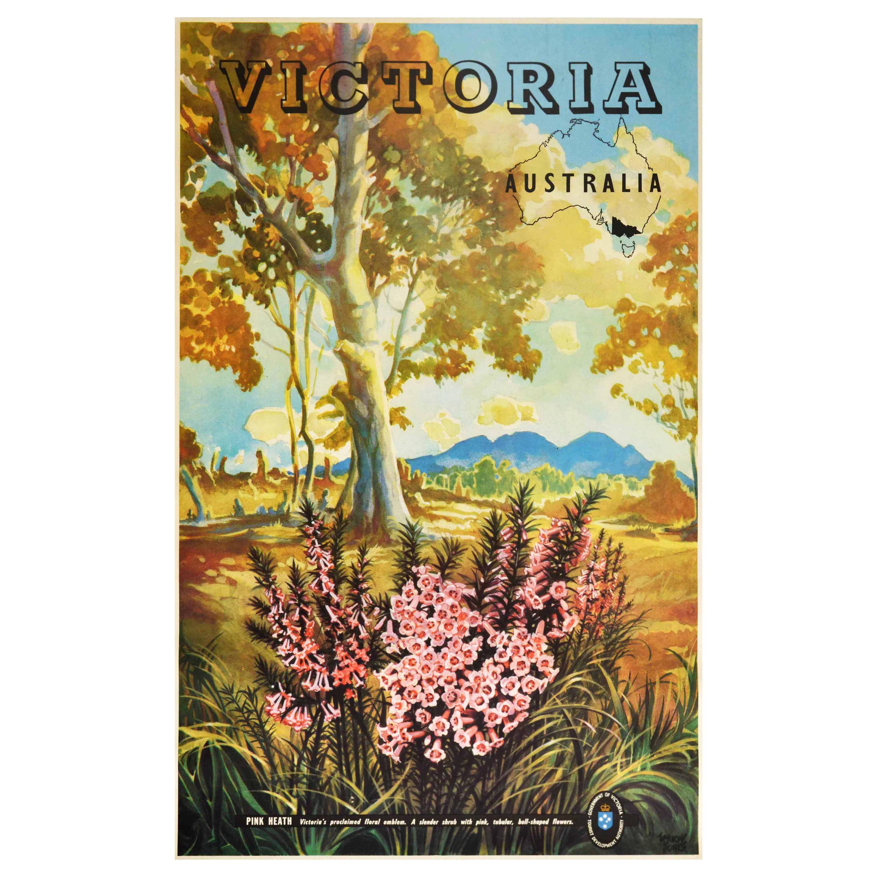 Original Vintage Poster Victoria Australia Pink Heath Flowers Map National Park For Sale