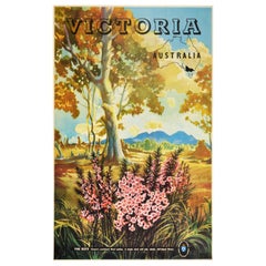 Original Vintage Poster Victoria Australia Pink Heath Flowers Map National Park