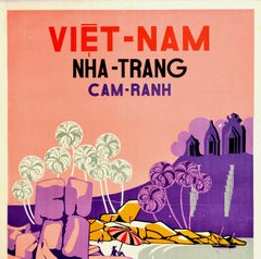 Original Vintage Poster Vietnam Nha-Trang Cam-Ranh Beach Temple Boat Asia Travel