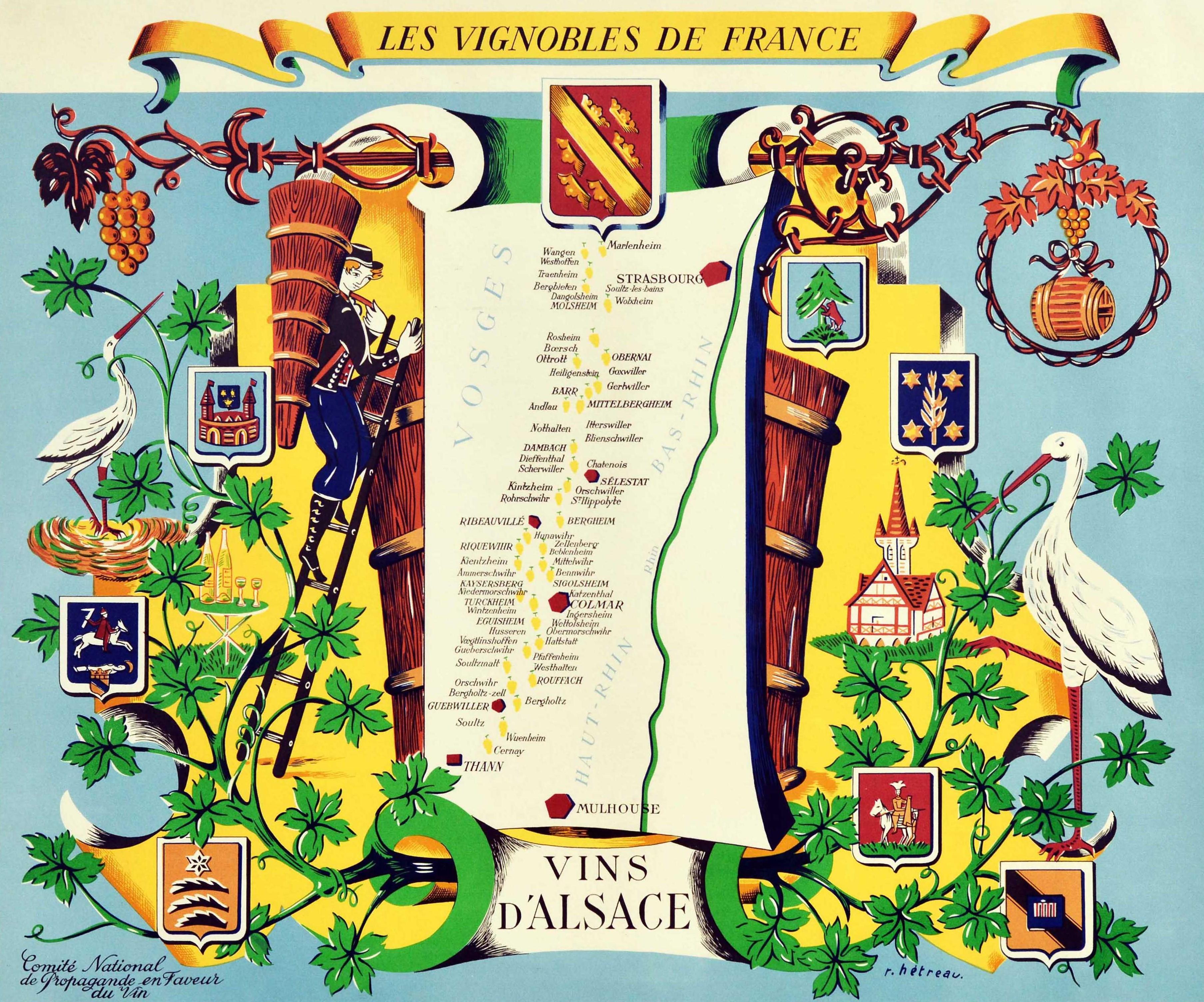 Original vintage drink advertising poster promoting French wines (one of a series issued by the Comite National de Propagande en Faveur du Vin national committee for the promotion of wine): Les Vignobles de France Vins d'Alsace / The French
