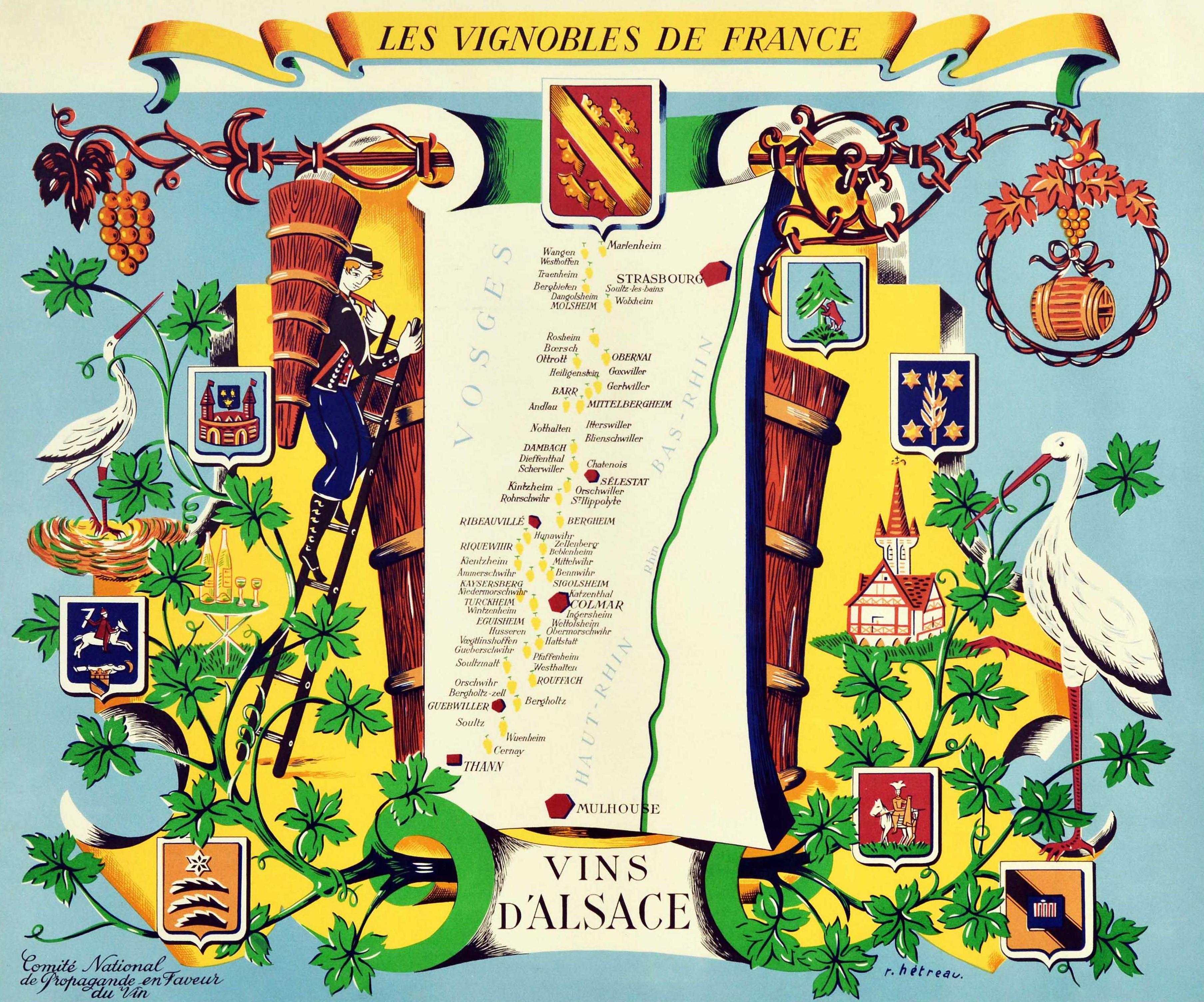 Cartel publicitario original de época sobre bebidas para promocionar los vinos franceses (uno de una serie emitida por el Comité Nacional de Propaganda en Faveur du Vin comité nacional para la promoción del vino): Les Vignobles de France Vins