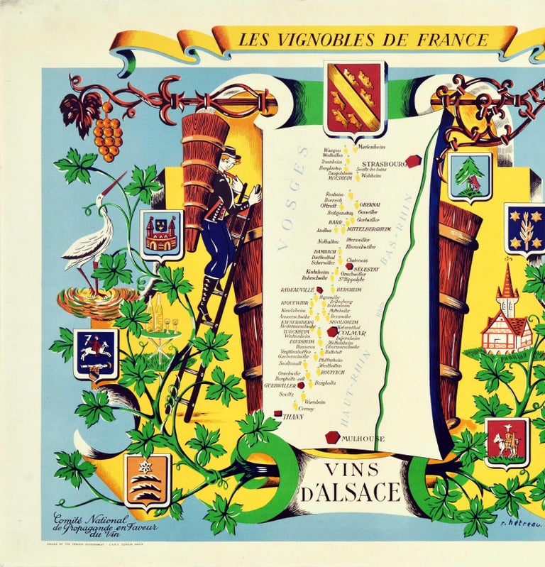 French Original Vintage Poster Vignobles De France Vineyards Vins D'Alsace Wine Map Art For Sale