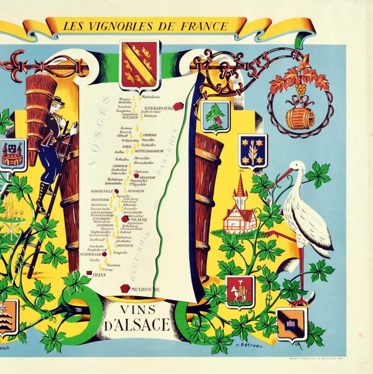 Original Vintage Poster Vignobles De France Vineyards Vins D'Alsace Wine Map Art In Good Condition For Sale In London, GB