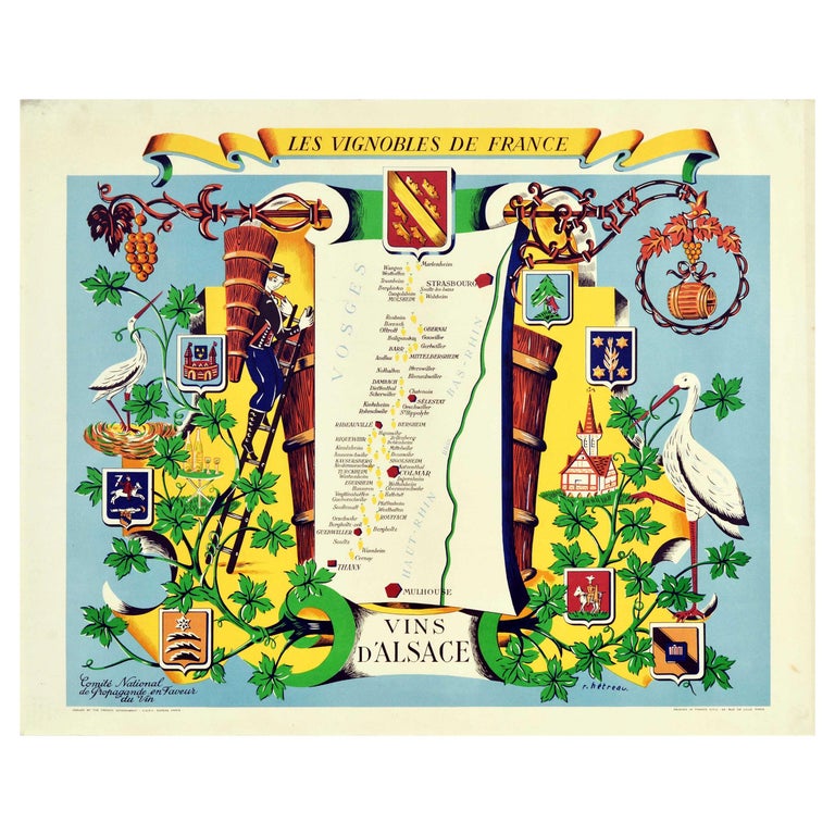 Original Vintage Poster Vignobles De France Vineyards Vins D'Alsace Wine Map Art For Sale