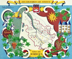 Original Vintage Poster Vignobles De France Vineyards Vins De Bordeaux Wine Map